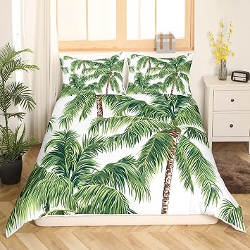 Feelyou Tropical Bedding Set Hawaii Beach Theme Duvet Cover Set Ocean Surfing Palm Tree Printed Comforter Cover Green Plants Nature Quilt Cover Bedroom Collection 3Pcs Queen Size