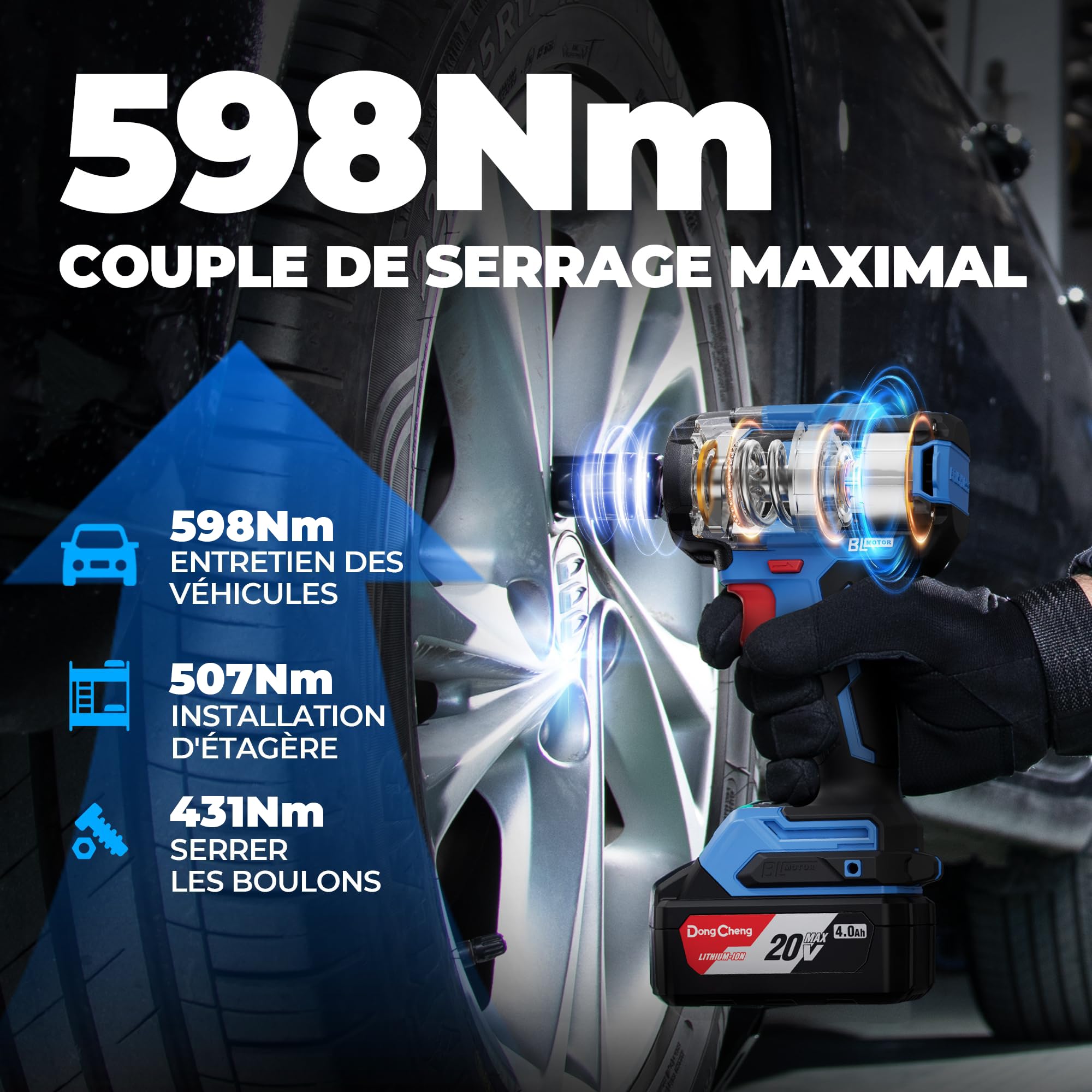 DongCheng Clé à Chocs Sans Fil Sans Balais, 20V, 4,0 Ah Li-ion, 800 Nm, 4 vitesses, avec douilles 17‑24 mm et lumière LED, pour le changement de pneu, la mécanique automobile et le chantier