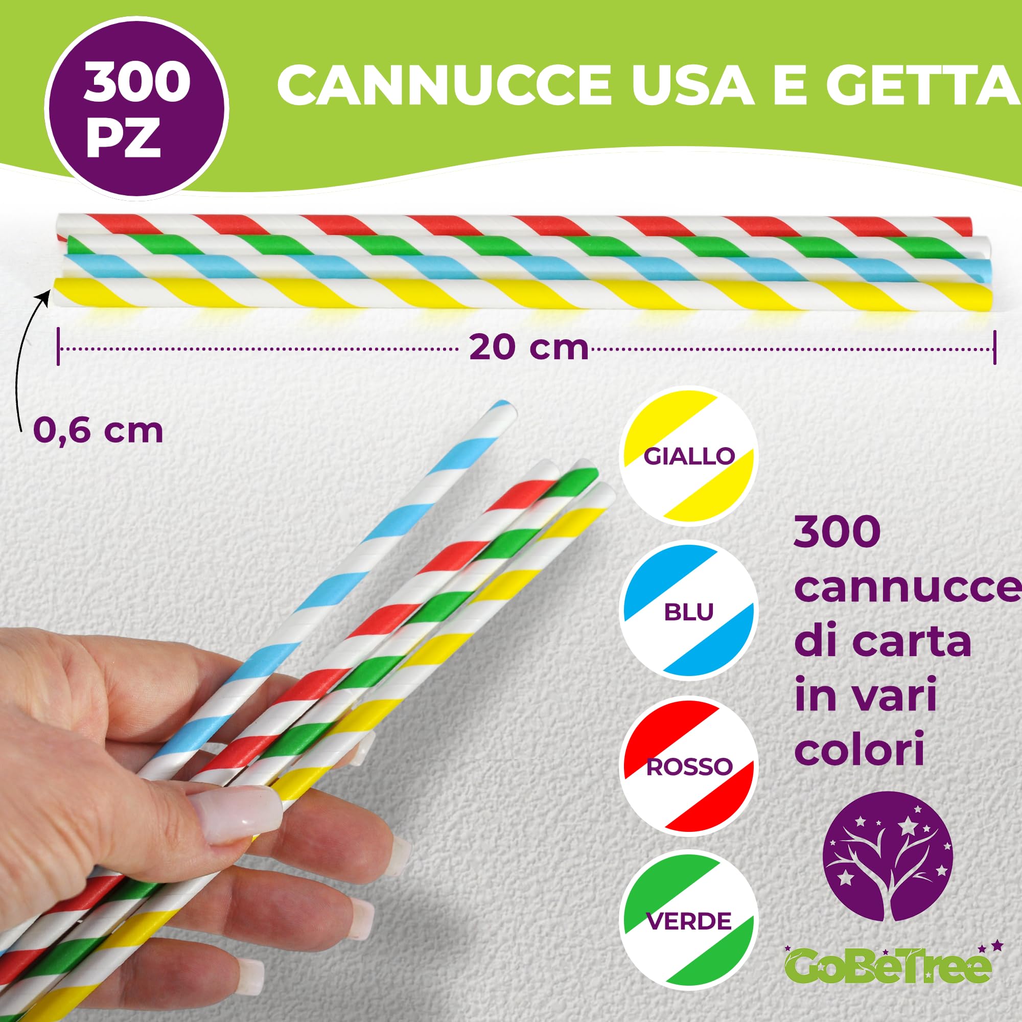 GoBeTree 300 Cannucce Carta Colorate Monouso. Cartoncino Multistrato per Feste e Cocktail, Cannucce di Carta per Granite, Frullati e Mojito Colorati