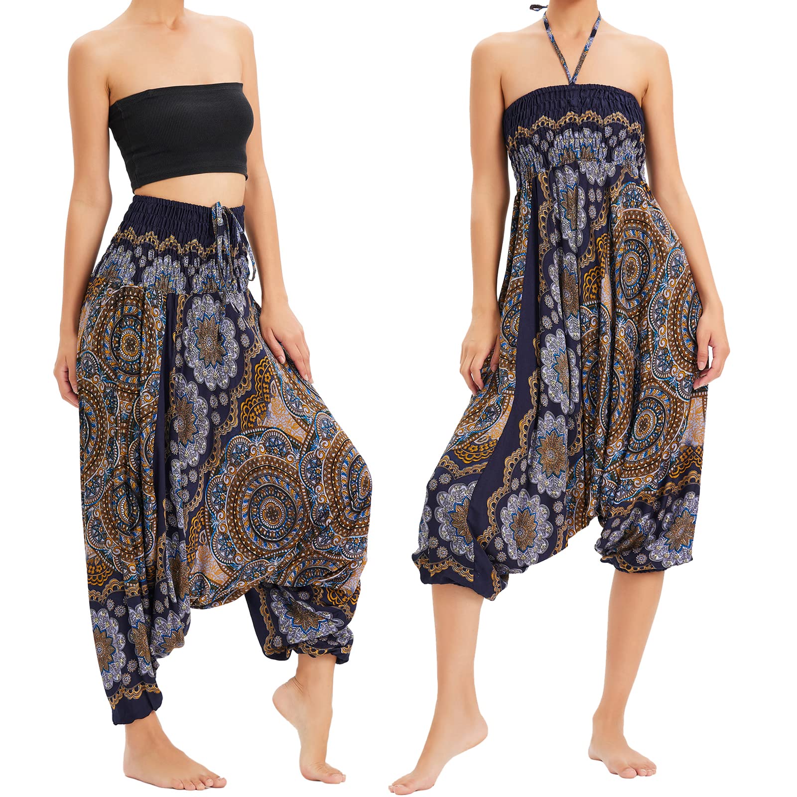 Nuofengkudu Femme Hippie Sarouel Combinaison Pantalon Jumpsuit Taille Haute Large Boheme Fleuri Imprimé Leger Thai Yoga Pants Pyjama Ete Plage