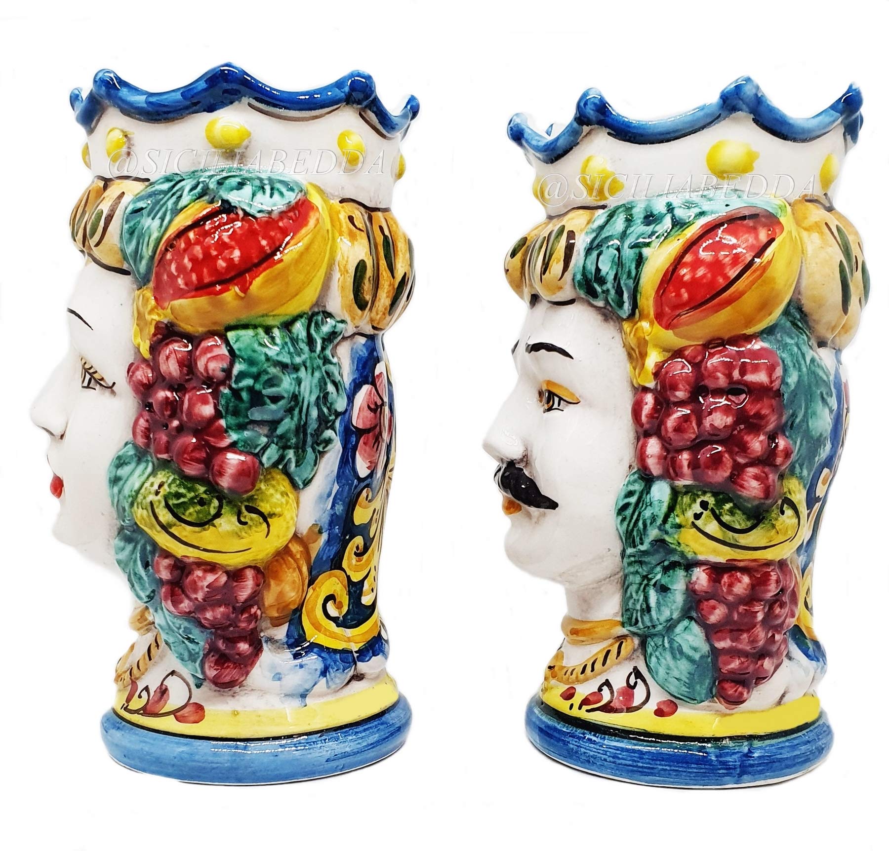 sicilia bedda - Coppia TESTE DI MORO SICILIANE in CERAMICA DI CALTAGIRONE - Realizzate a Mano - H Centimetri 13 - Bellissimo Complemento d'Arredo