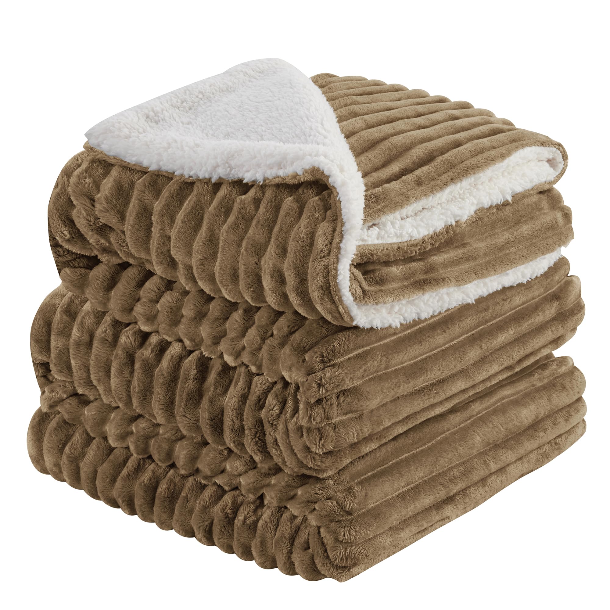 INFIIXSO Sherpa Fleece Queen Size Blanket - Striped Flannel Fleece Queen Size Throw Blanket for Bed All Season Use, Camel, 90x90 inches