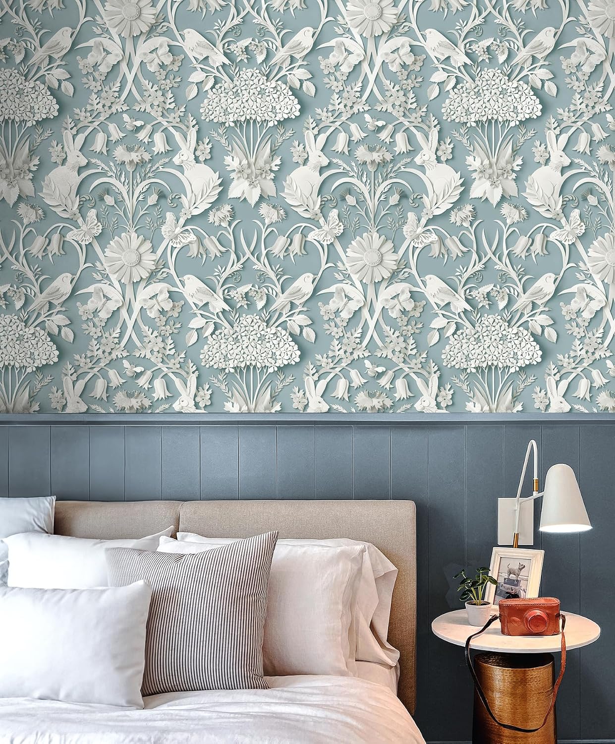 Fine Decor Dimensions Woodland 3D Effect Design Cute Animals, Rabbits, Bees, Birds and Leafs in a Soft Light and Blue Tones Wallpaper Perfect for Nursery, Kids Bedroom and Feature Walls (FD43605)