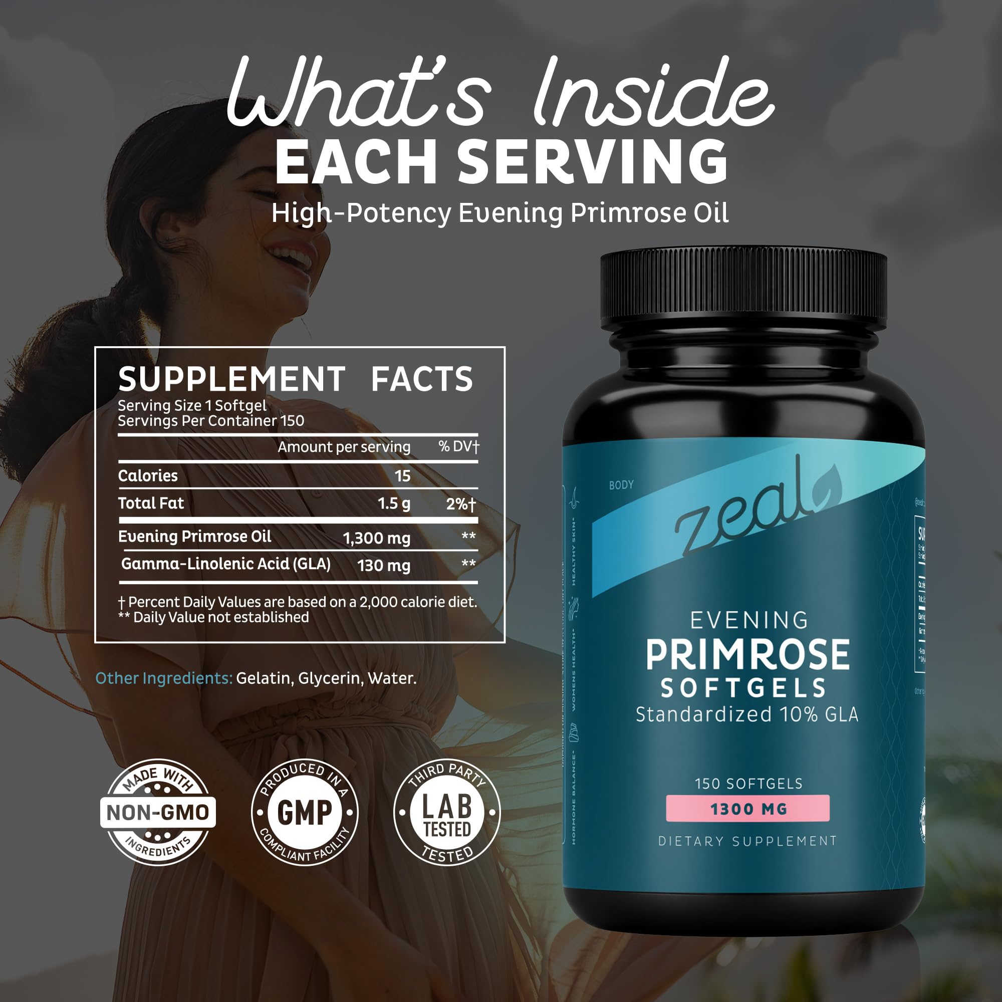 Zeal Evening Primrose Oil Softgels 1300mg for Women - GLA Supplement (Gamma Linolenic Acid 130mg) - Hormone Support, Skin & Hair Health - 150 Softgels — Amazon image 2