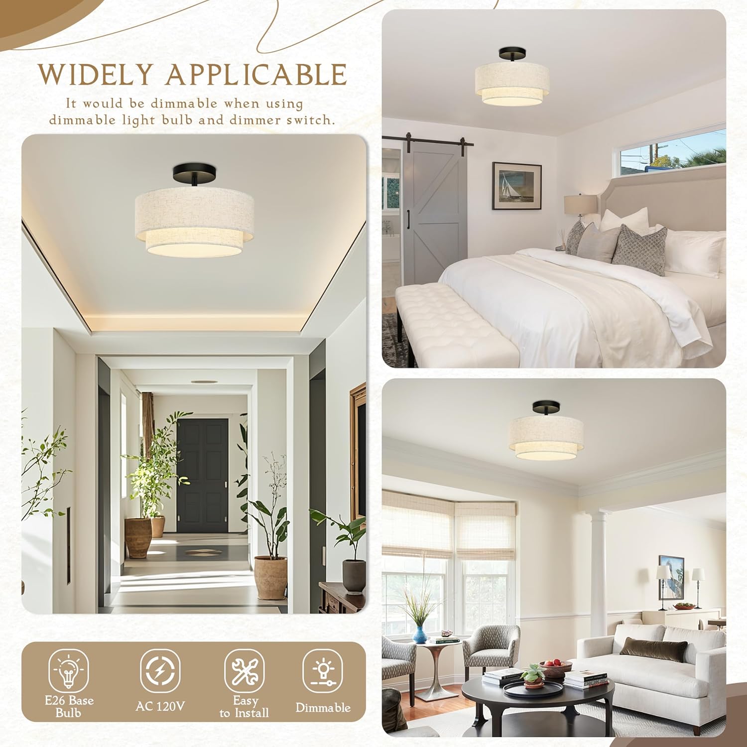 12.6 inch Flush Mount Ceiling Light Black Close to Lights Fixture with 2-Layer Fabric Shade 3-Light Drum Modern Lights for Dining Room Bedroom Hallway