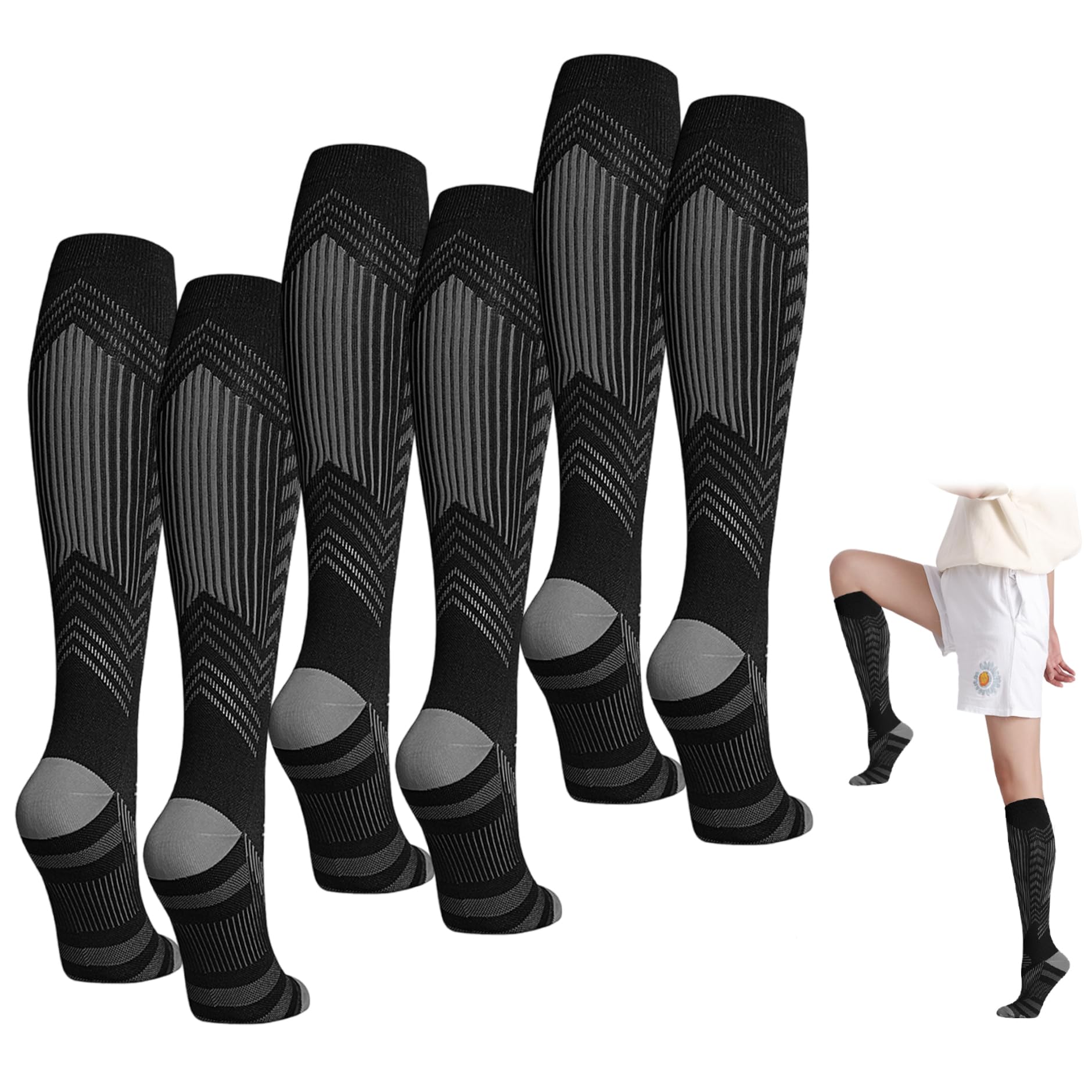 Calcetines de compresión 3 pares de calcetines de compresión atléticos suaves y transpirables para hombres y mujeres que absorben la humedad hasta la rodilla para correr, hacer deporte viajar.