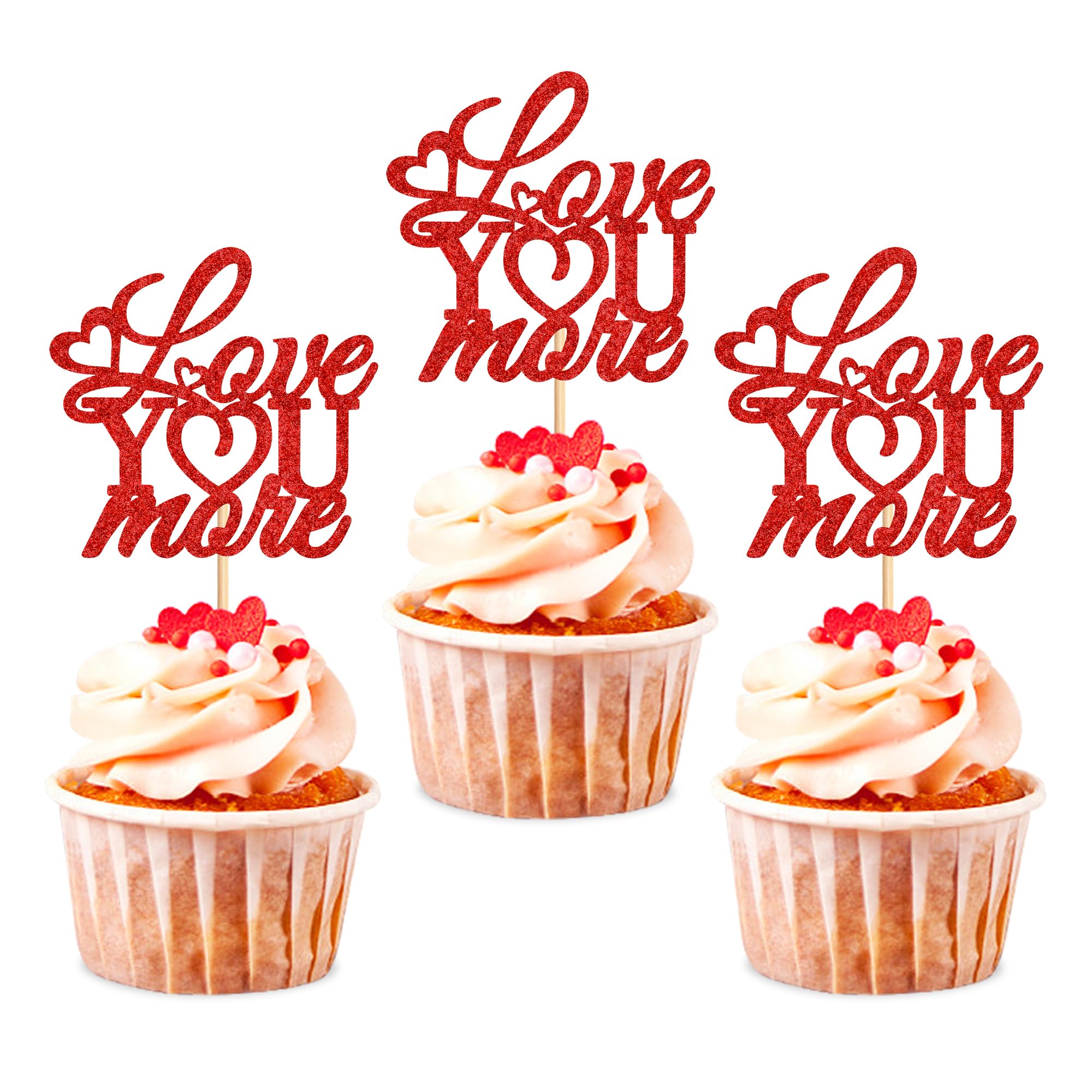 Blumomon 24Pcs Glitter Red Happy Valentine's Day Cupcake Toppers Valentine's Day Cake Decorations for 'Love You More Wedding Engagement Valentine's Day Bridal Shower Party Cake Decors