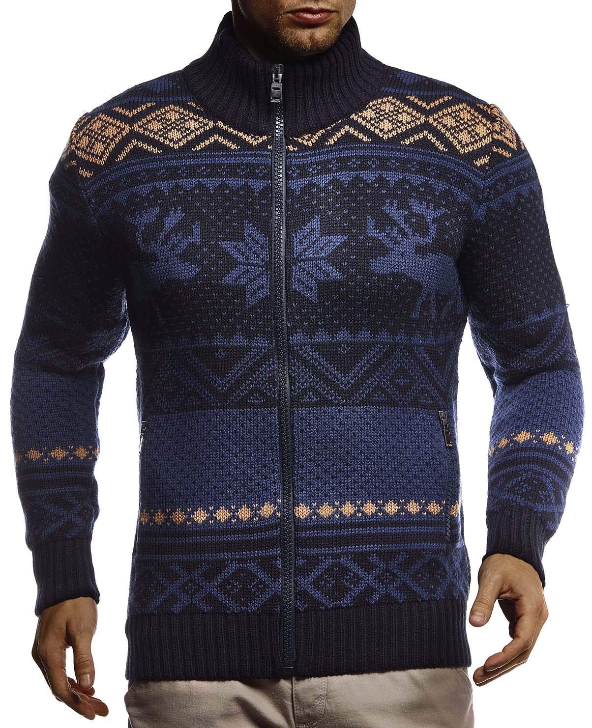 Leif Nelson Herren Strickjacke mit Stehkragen Norwegerjacke Schwarze Winterjacke warme Freizeitjacke Männer Jacke für Weihnachten Winter Norweger Muster Grobstrick Slim Fit LN20759