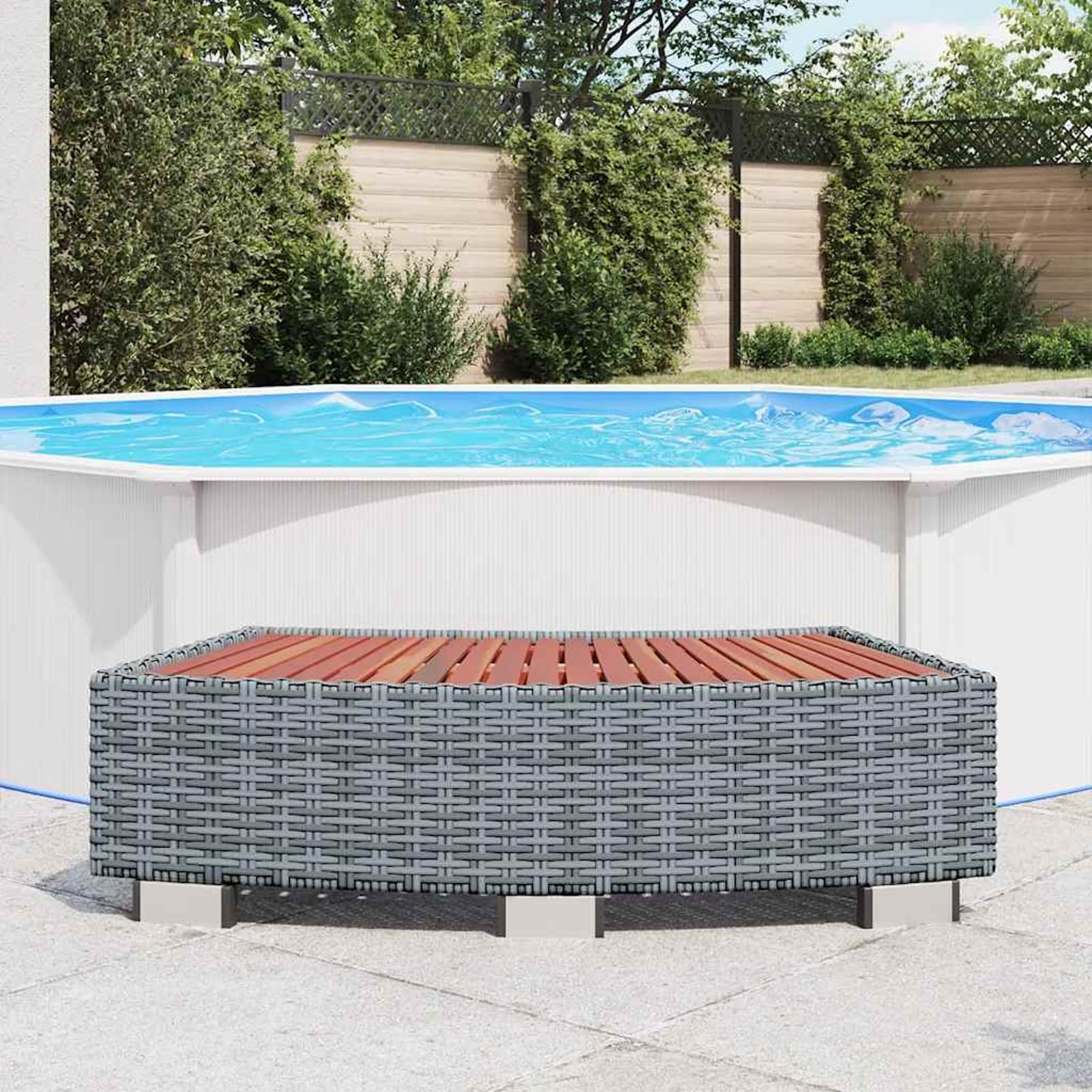 Gecheer Escalón para Bañera de Hidromasaje, Estructura de Acero, Ratan Sintético, Madera Tropical, Fácil Montaje, 92 x 45 x 25 cm, para SPA y Jacuzzi