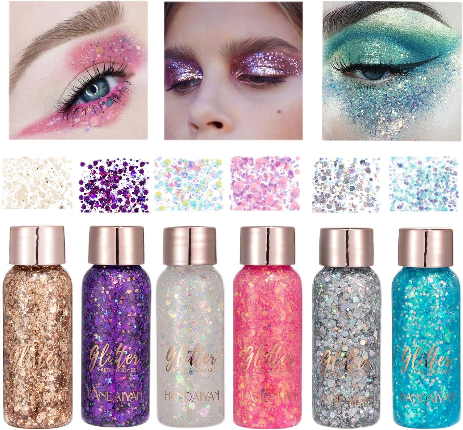 Owelth 6 Colores gel purpurina liquida Corporal, cara y Pelo Maquillaje, Chunky Sirena Lentejuelas, Body Glitter para Halloween Festival Masquerade Cumpleanos