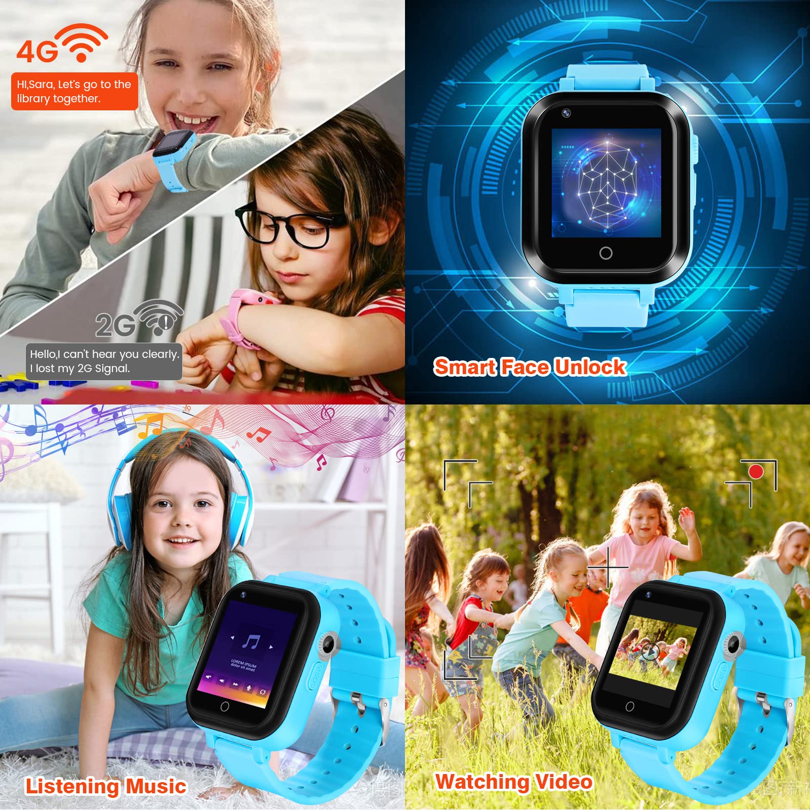 ele ELEOPTION Orologio intelligente per bambini 4G IP67 impermeabile con posizione GPS, fotocamera, SOS, chiamata, contapassi, touch screen, video chat Smart Watch per ragazzi e ragazze (blu T16)