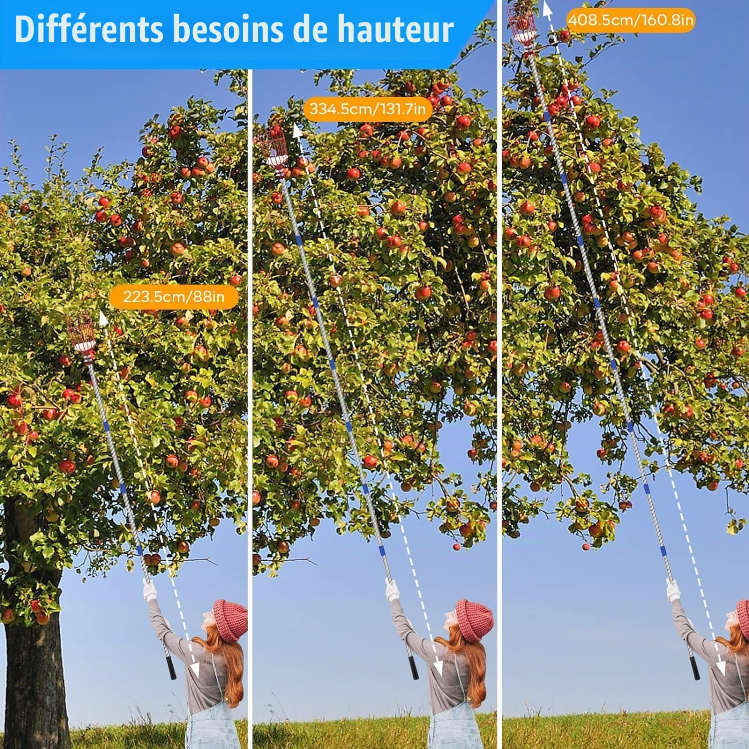 SAN LIKE Perche Cueille Fruit Telescopique 4 M, Cueilleur de Fruits avec Manche Telescopique, Fruit Picker Peigne à Olive Peigne pour Ramasser les Olives, Pommes, Poires, Pêches, Avocats