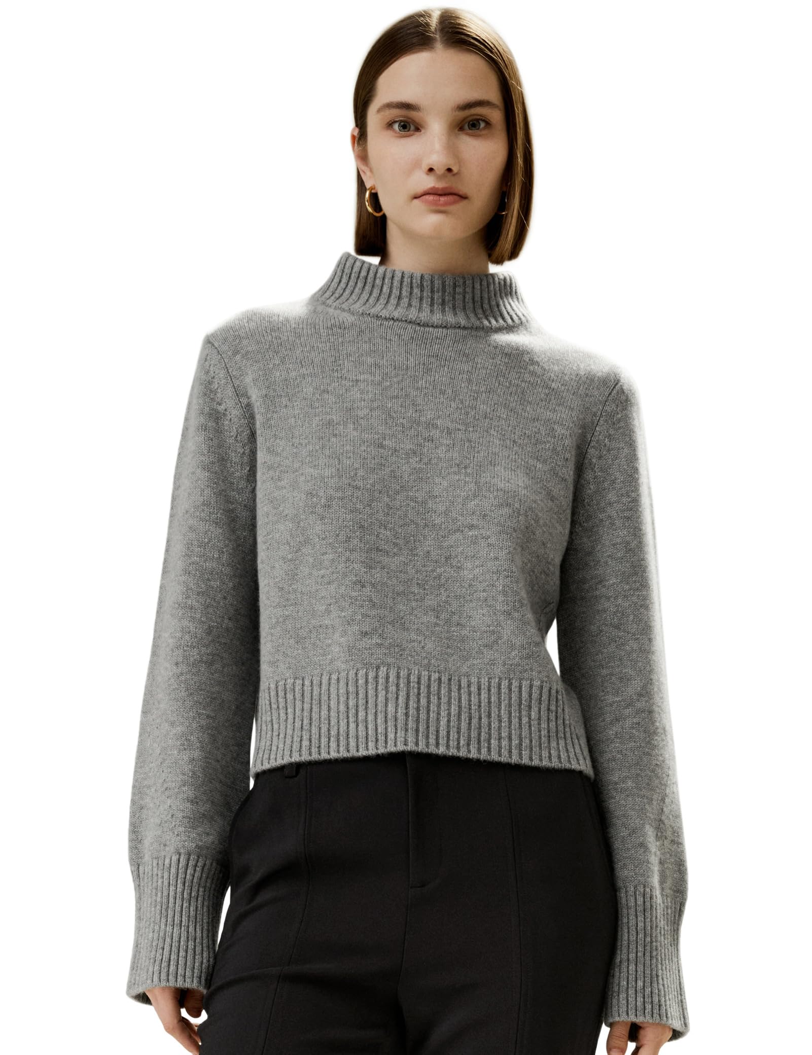 LilySilk Wool Cashmere Sweater for Women Pullover Ribbed Semi High Collar and Hemline Wide Sleeves Casual Fashion Warm