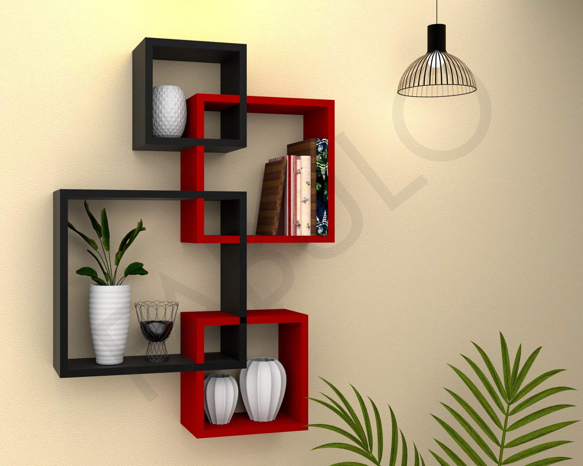 FABULO Wooden Intersecting Wall Shelves for Living Room, Bedroom | MDF Floating Wall Mount Shelf/Rack/Stand/Showcase for Home Decor - Wall Hanging Storage Unit, Set of 4 – Black and Red