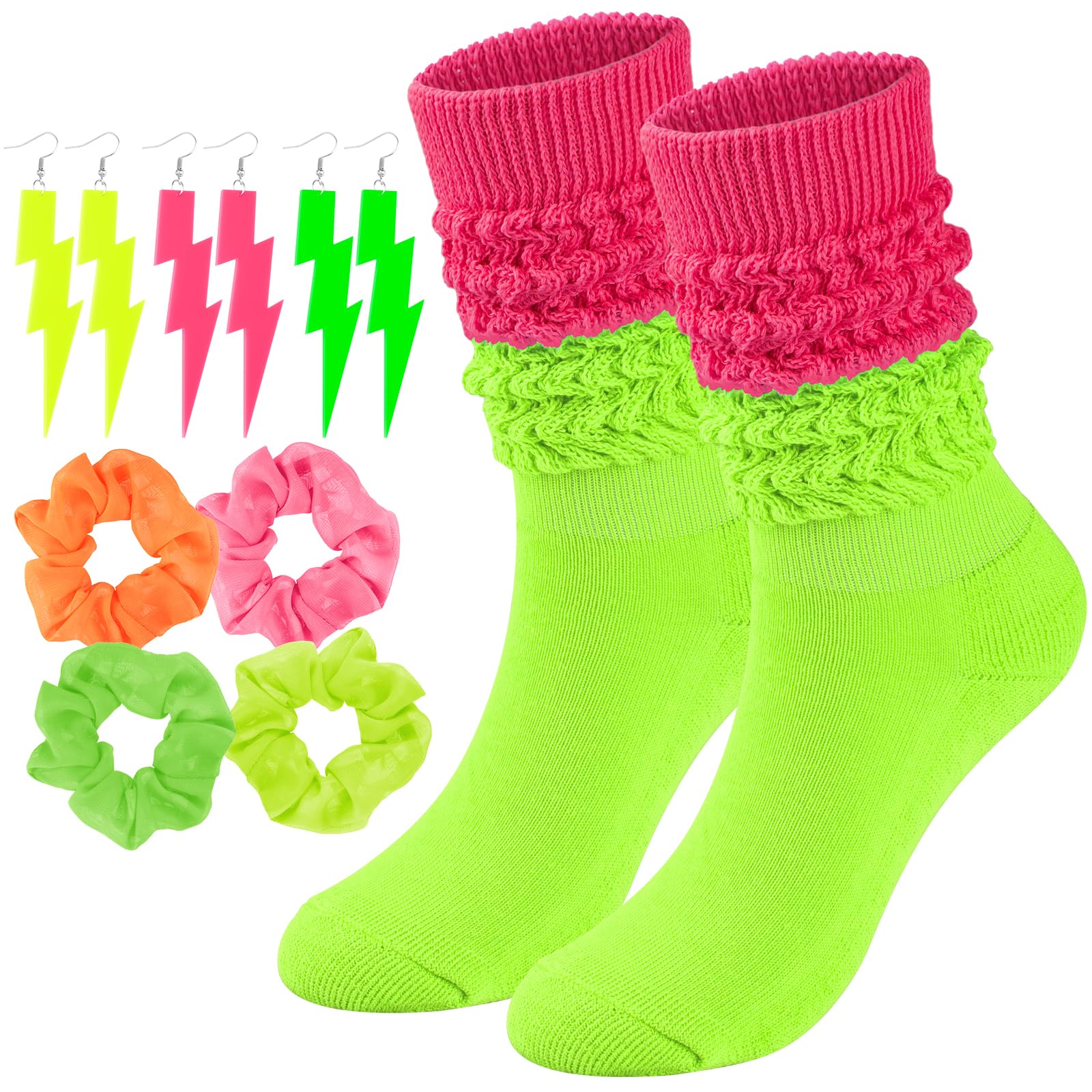 Neon Slouch Socks for Women, 80s 90s Scrunch Knee High Socks