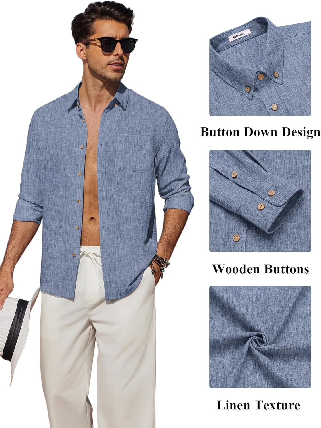 COOFANDY Men's Long Sleeve Button Down Shirt Casual Untucked Shirts Summer Beach Wedding Linen Textured Shirts