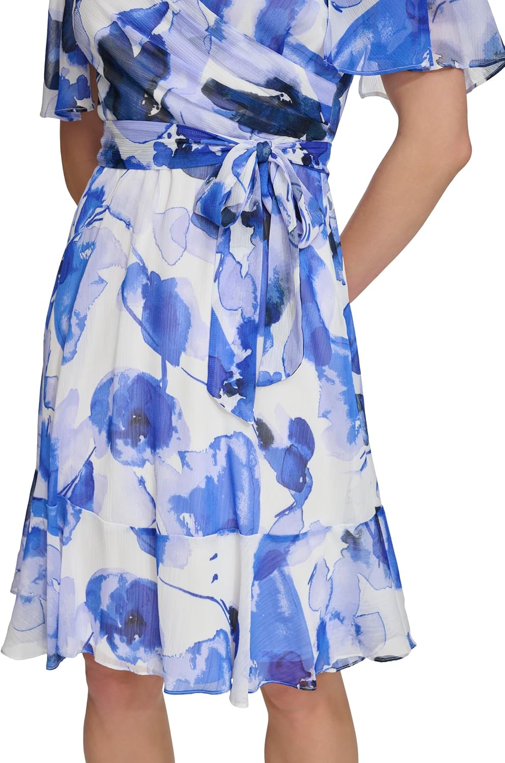 DKNY Women's Short Flutter Sleeve Surplice Belted Mini Dress - Image 5