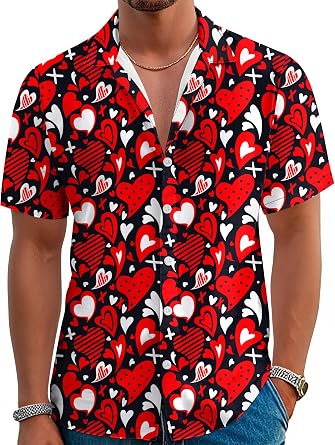 Mens Valentines Shirt Valentines Day Button Down Short Sleeve Tee Top