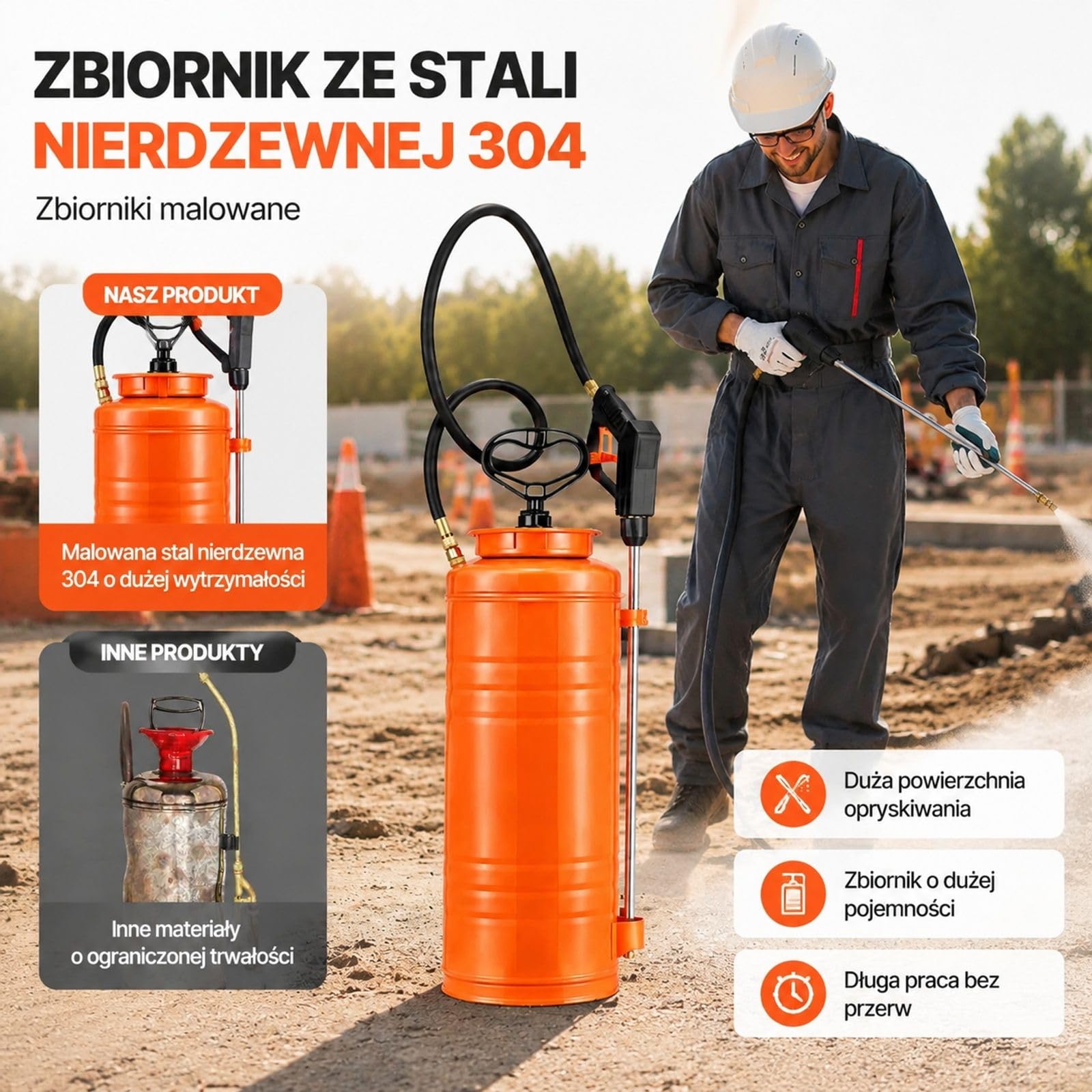 Opryskiwacz ciśnieniowy ze stali nierdzewnej 13,2 l, pomarańczowy zbiornik z lancą, uchwyt pistoletowy, czarny wąż, 2 mosiężne dysze do budowy i ogrodu