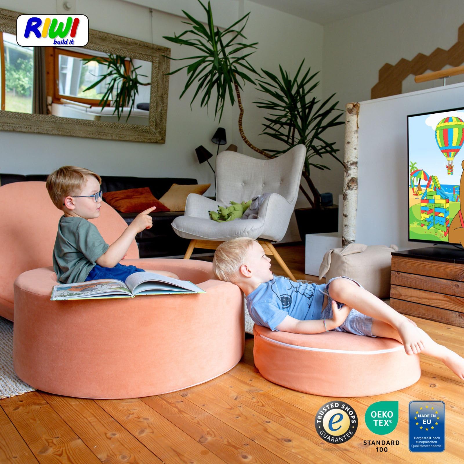 RIWI® Loop – Hellblau Premium (RCC202-27) | modularer Spielhocker für Kinder | 3-in-1 Sitzmöbel, Spielgerät & Bauobjekt | weich, sicher & waschbar