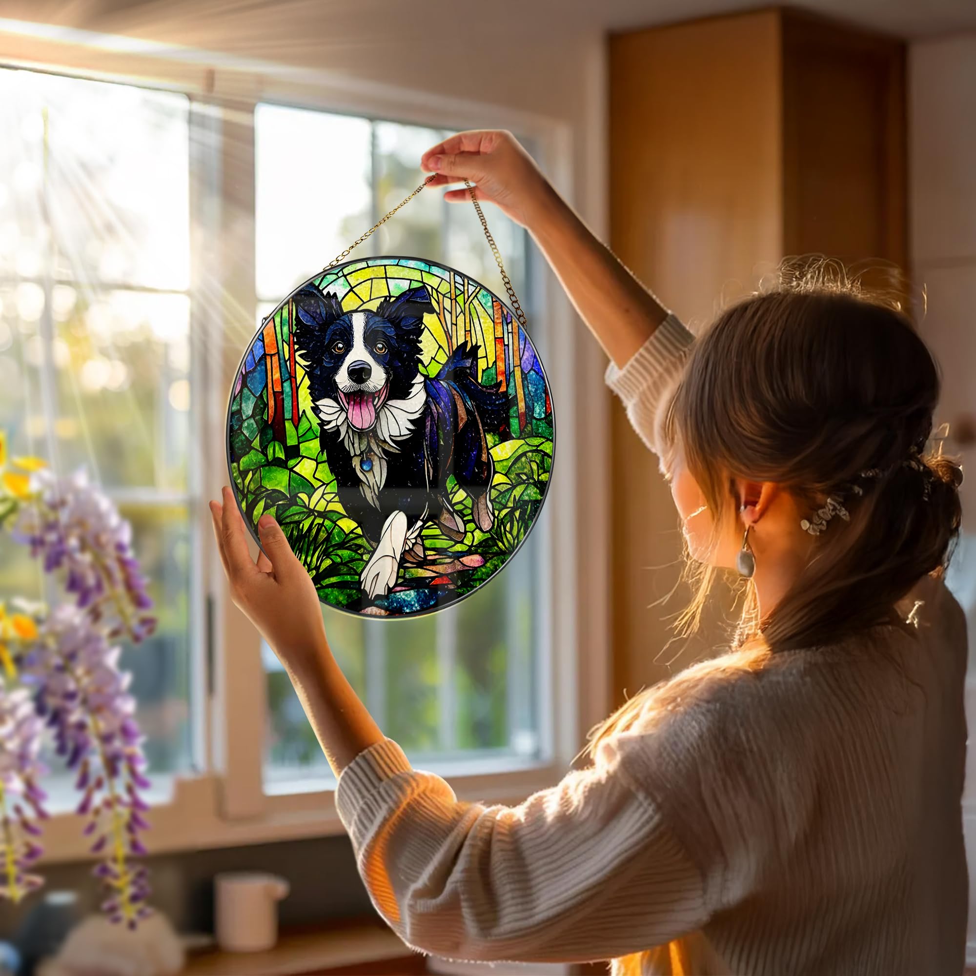 20 cm witrażowa ozdoba na okno, ozdoba z witrażem Border Collie, ozdoba łapacza słońca, dekoracja okna | prezenty dla miłośników psów, prezent dla miłośnika psów, prezent dla miłośnika