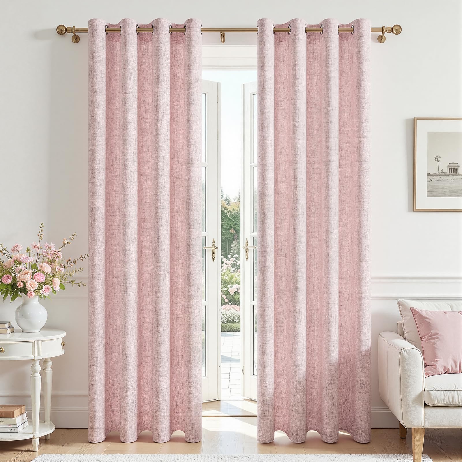 MRTREES Linen Look Curtain with Eyelets Semi-Transparent Eyelet Curtain Pink Set of 2 225 cm Long 140 cm Wide Linen Curtains Translucent for Living Room Modern Bedroom Children's Room