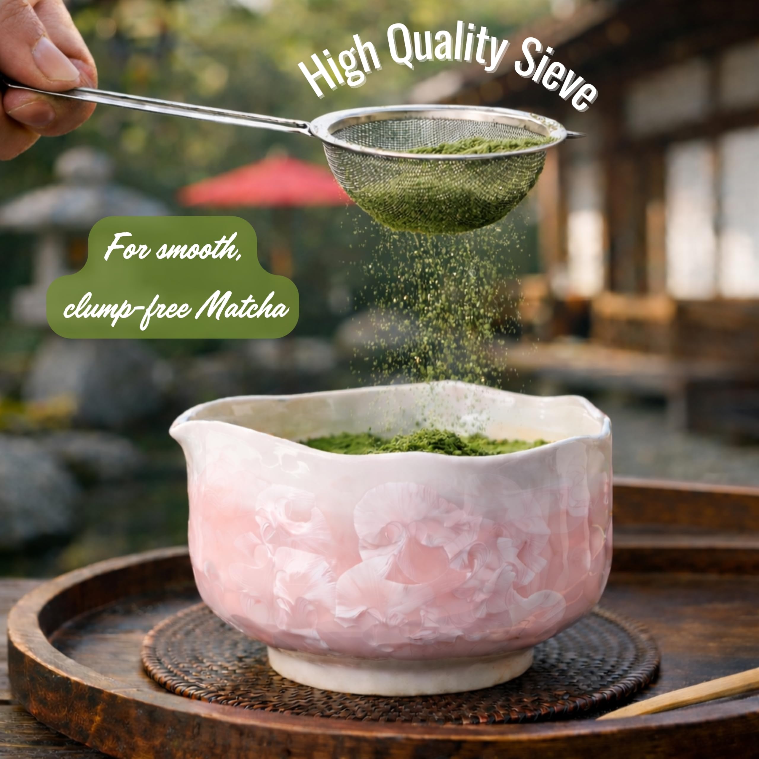 Matcha Set Rosa 5-teilig – Matcha Besen Set, Schale mit Ausgießer, Besenhalter, Bambusbesen, Sieb & Löffel – Crystal Glazed Flower Design – Geschenk für Matcha-Liebhaber (Pink)