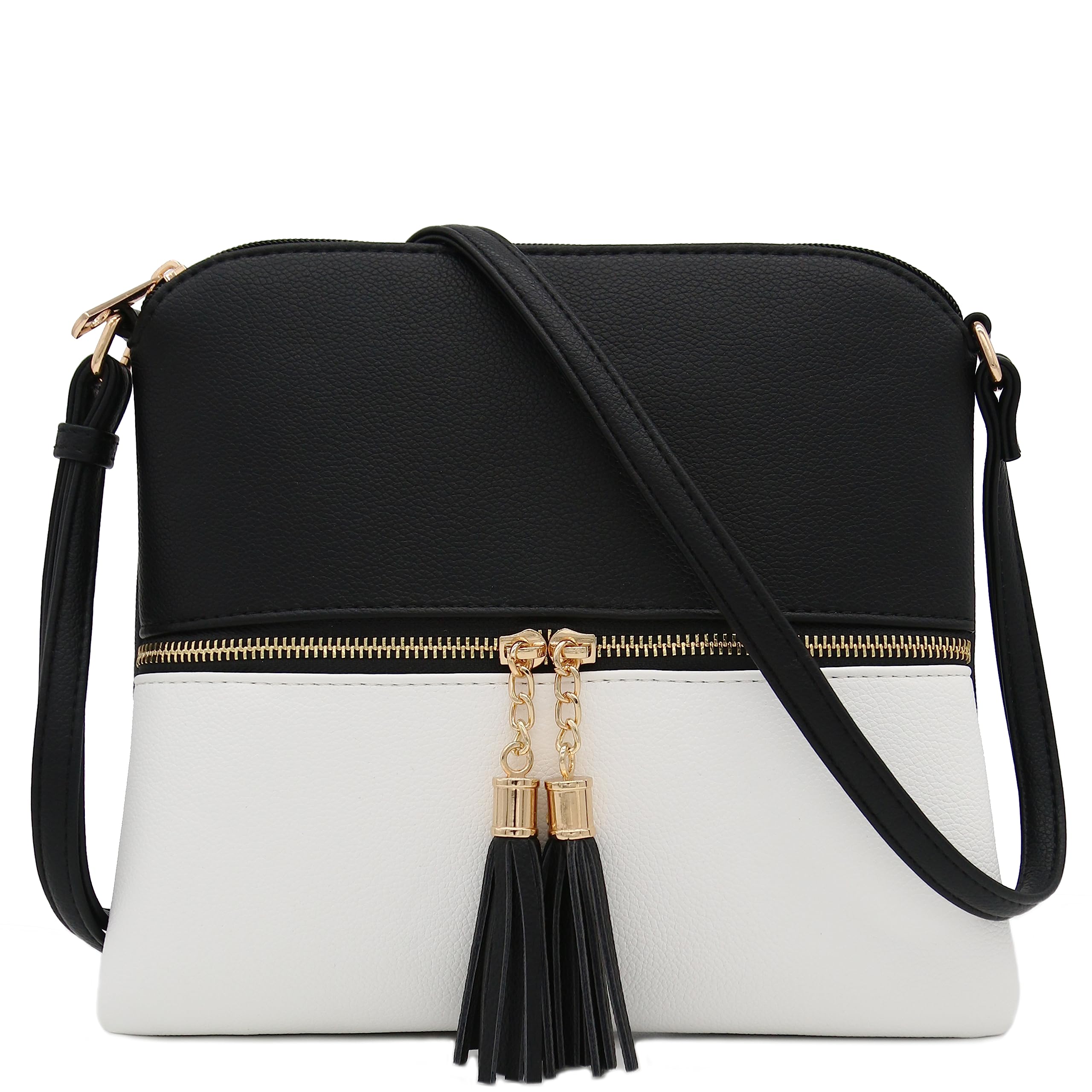 Lightweight Medium Crossbody Bag with Tassel (Black/White)
