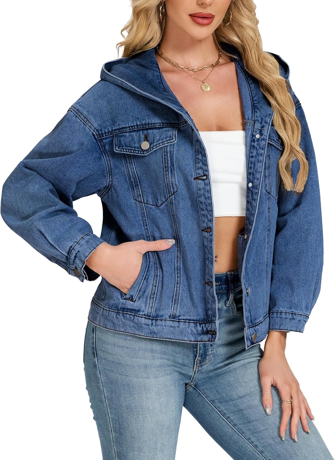 Kedera Women's Oversized Hooded Denim Jacket Long Sleeve Button Down Shirts Coat Fall Winter Boyfriend Outfit