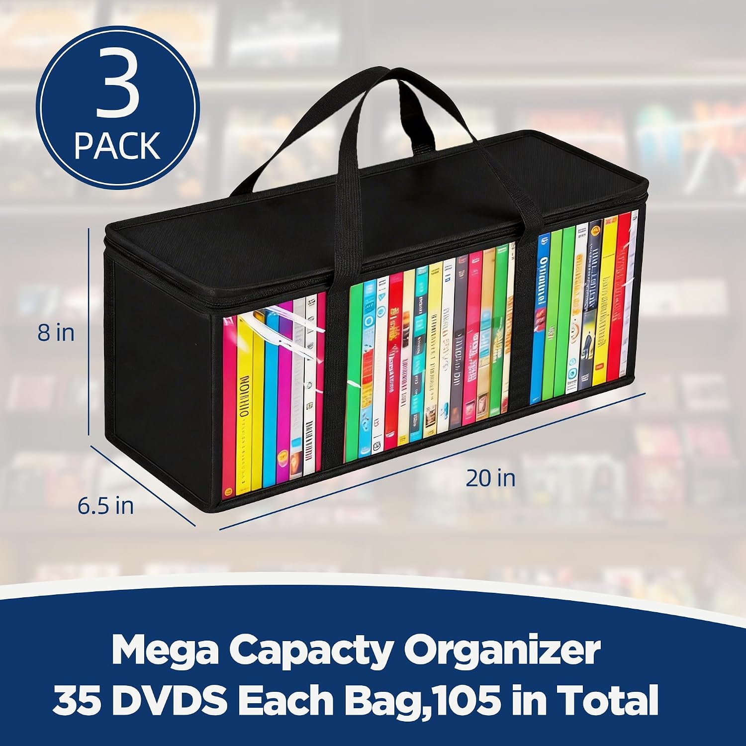 DVD Storage Bags, Clear PVC Media Organizer with Handles, Front Zipper Window, Stackable Holder for Blu Ray Discs, Movie Cases and VHS Boxes, 3 Pack, Holds 105 DVD Cases Total, 35 per Bag (LPSB-02)