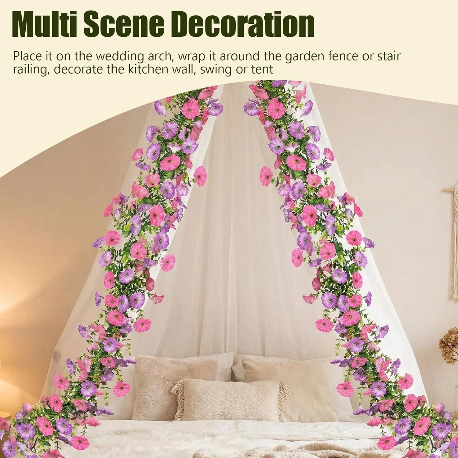 2 Pack Artificial Flowers Garlands, 6FT Faux Morning Glory Floral Vines Silk Flower, Hanging Fake Spring Flower Garland for Home Garden Wall Backdrop Wedding Arch Party (Purple)