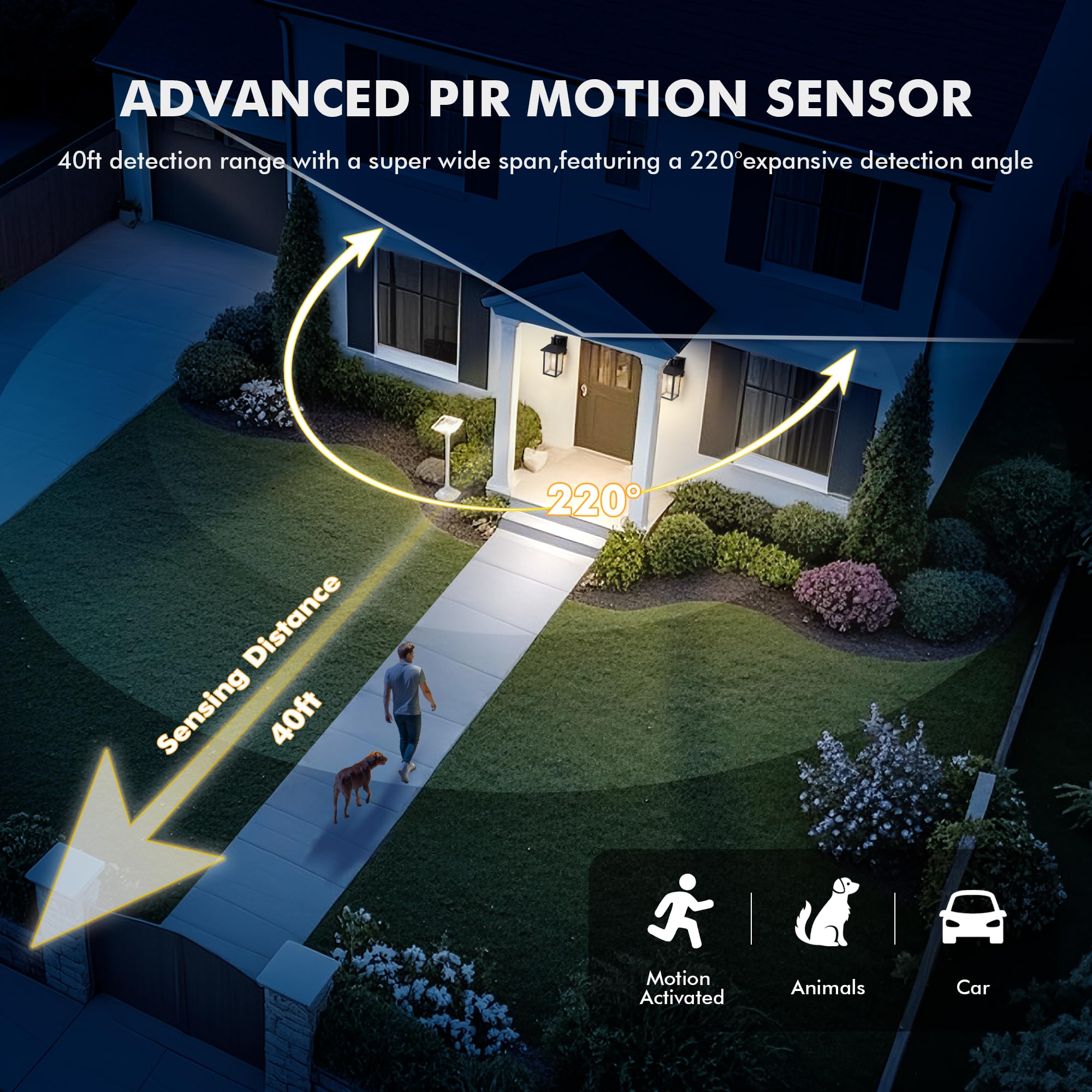 FTL Applique da Esterno E27 con Sensore di Movimento, 3 Modalità Nero Lampade Lanterna da Esterno a Parete con Vetro Diamantato a Onde, Portico Luci con Rilevatore di Movimento per Giardino, IP44