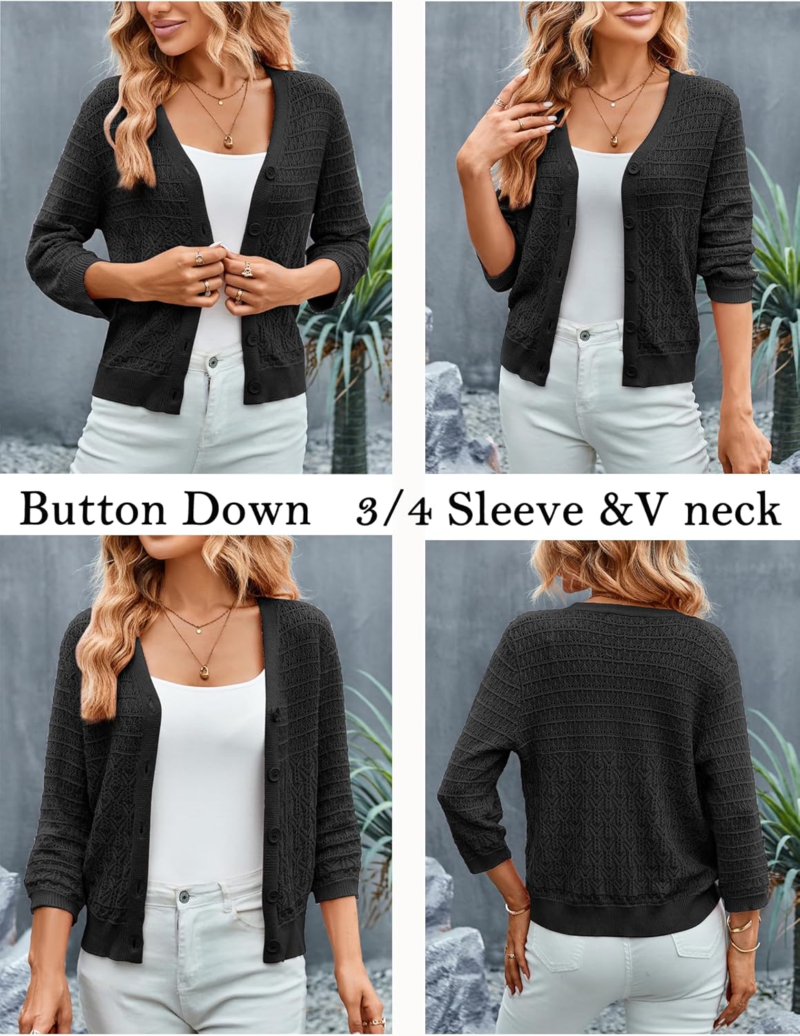 GRACE KARIN Women Lightweigt Crochet Knit Cardigan, 3/4 Sleeve Cropped Shrugs, Spring Button Down Sweaters Tops - Image 2