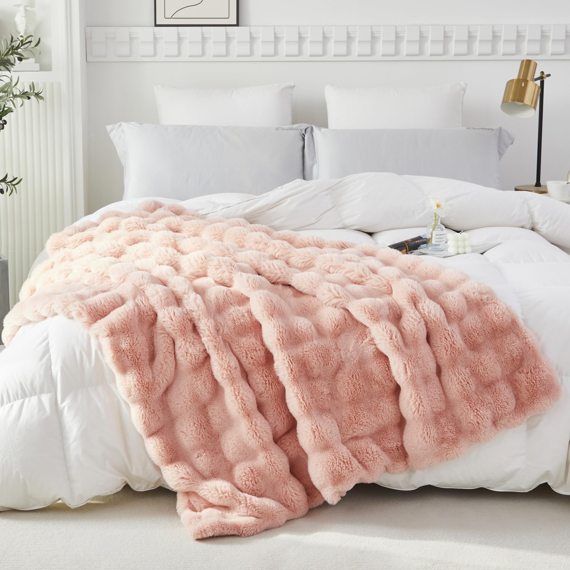 RYNGHIPY Faux Rabbit Fur Bed Throws, Fluffy Warm Throw Blanket for Sofa Couch, Soft Plush Decorative Blanket Thick and Heavy, Cute Bubble Furry Blanket (Blush, 63''x79''): 63''x79'' Blush