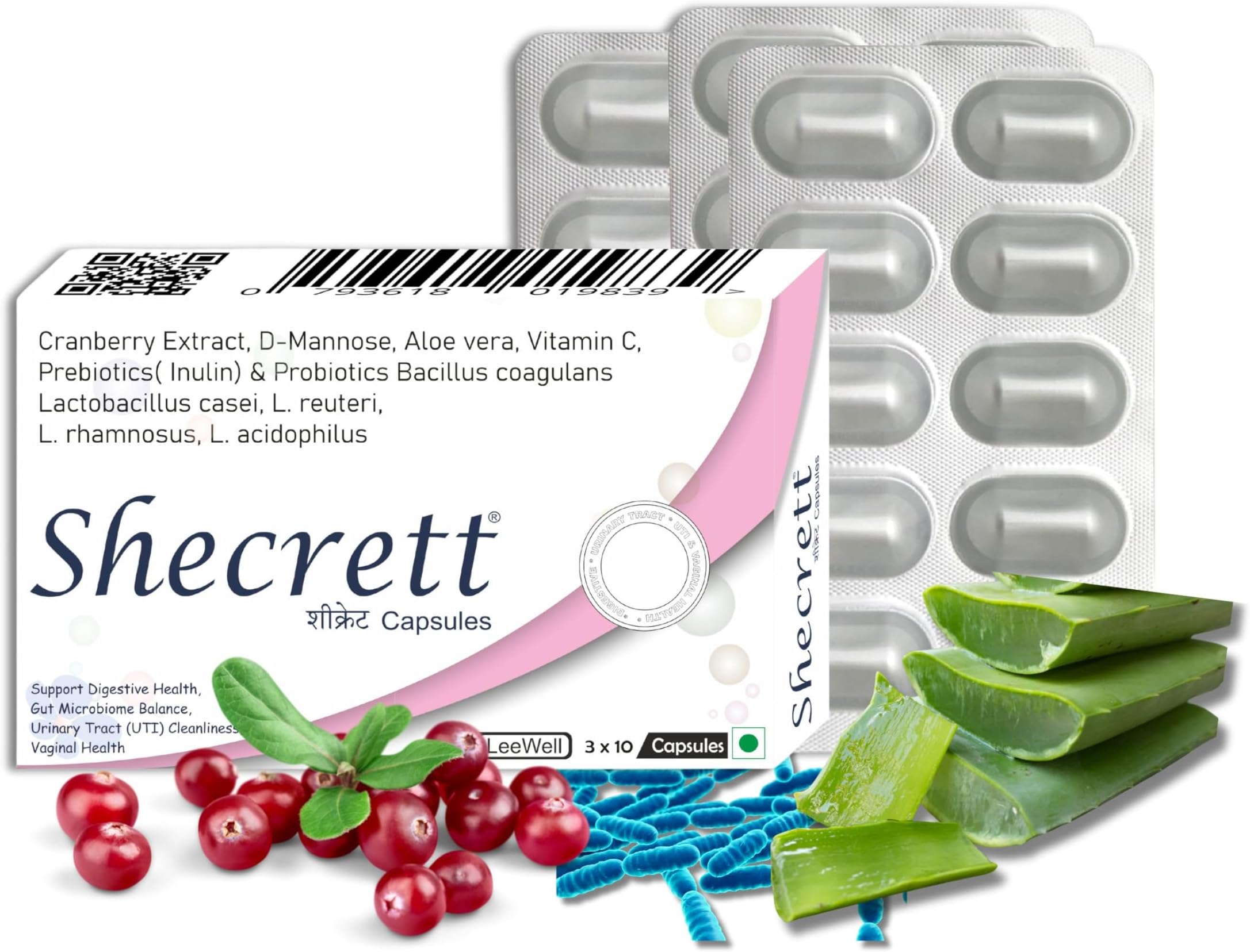 capsules with Cranberry extract, Lactobacillus casei, Lactobacillus reuteri, Lactobacillus rhamnosus