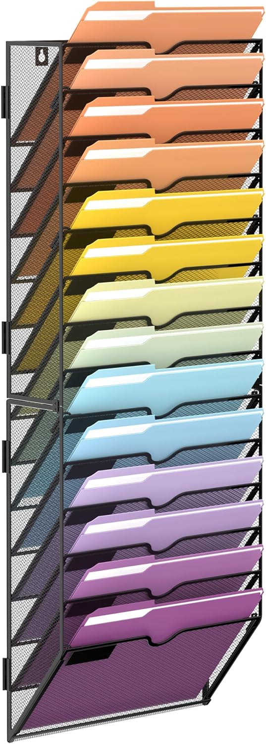 SUPEASY 14-Tier Hanging Wall File Holder Organizer for Papers, Folders, Files Clipboard & Magazine Organization Great for Office Home, Assembly Needed, Black