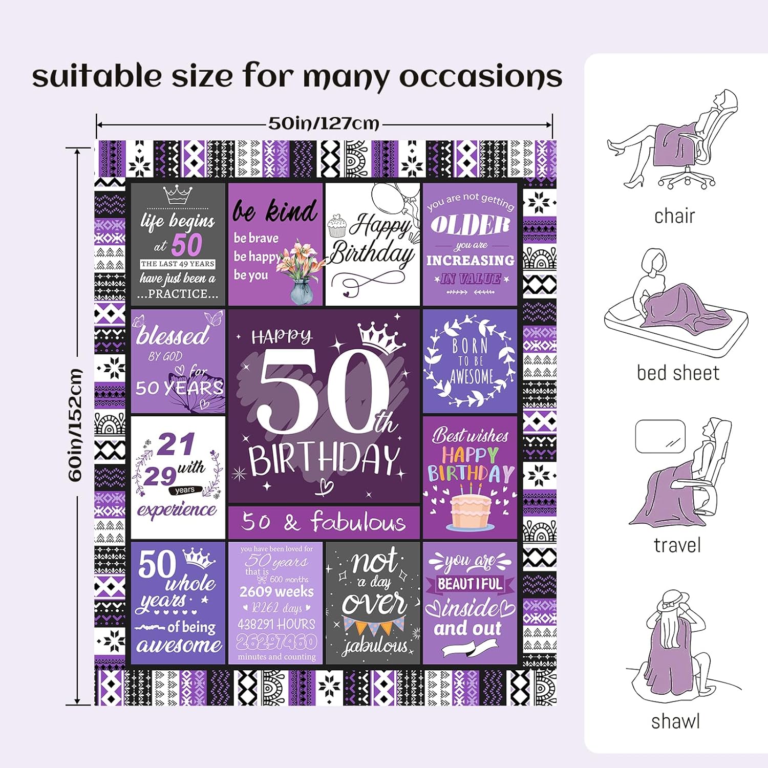 50th Birthday Gifts for Her, Women, 50th Birthday Decorations for Women, Happy 50 Year Old Gifts for Woman, Turning 50-50 Year Old Bday Blanket 60"X50" - Image 4