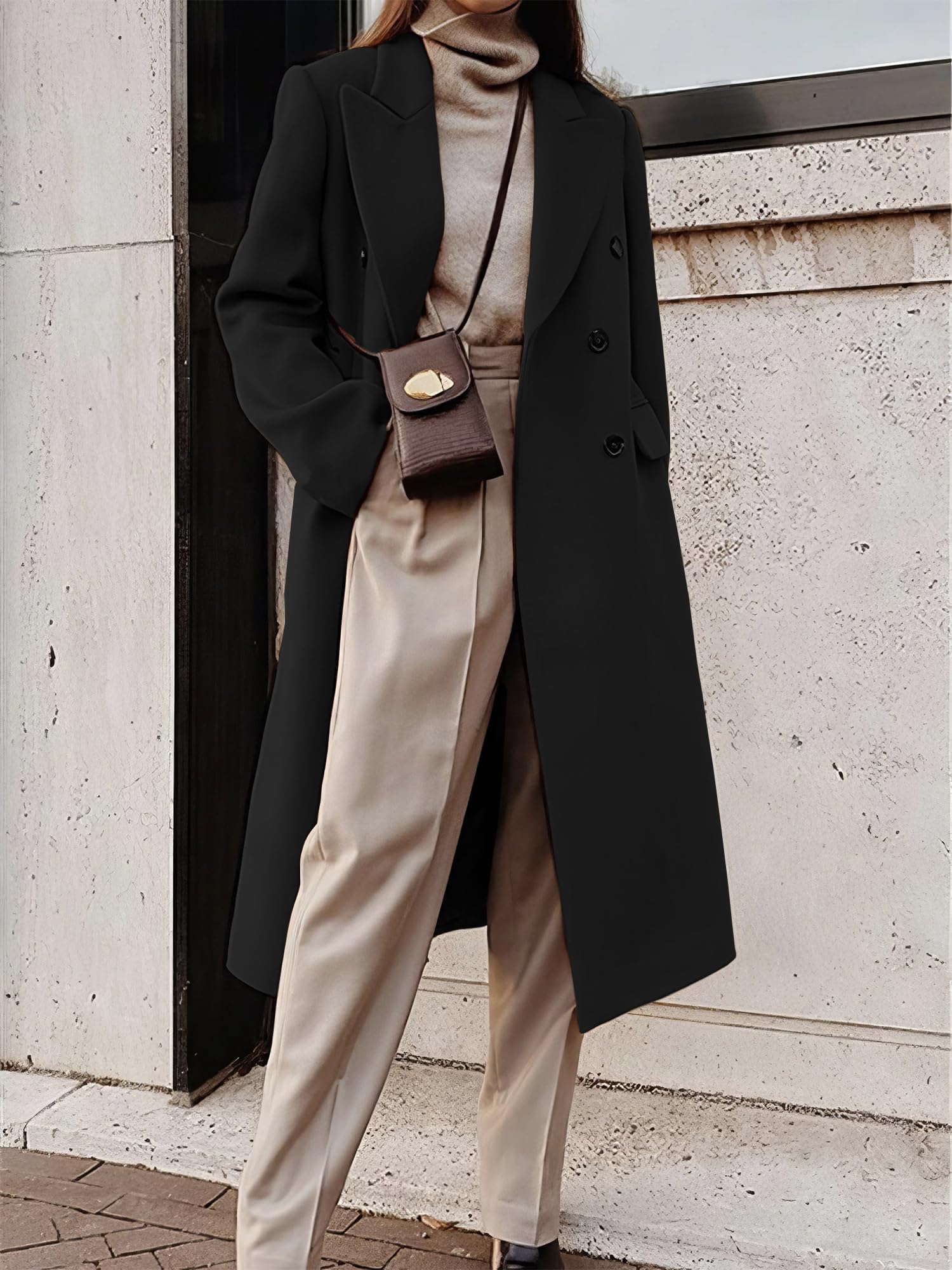 IDEALSANXUN Langer Damen-Trenchcoat für Herbst und Winter, zweireihig, Peacoat-Jacke