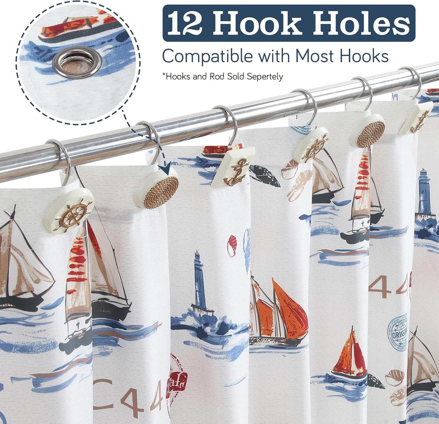 Coastal Stripes Shower Curtain,Nautical Beach Ocean Themed Fabric Printed Sailboat Waterproof Bath Curtains for Bathroom,72" W x 72" H