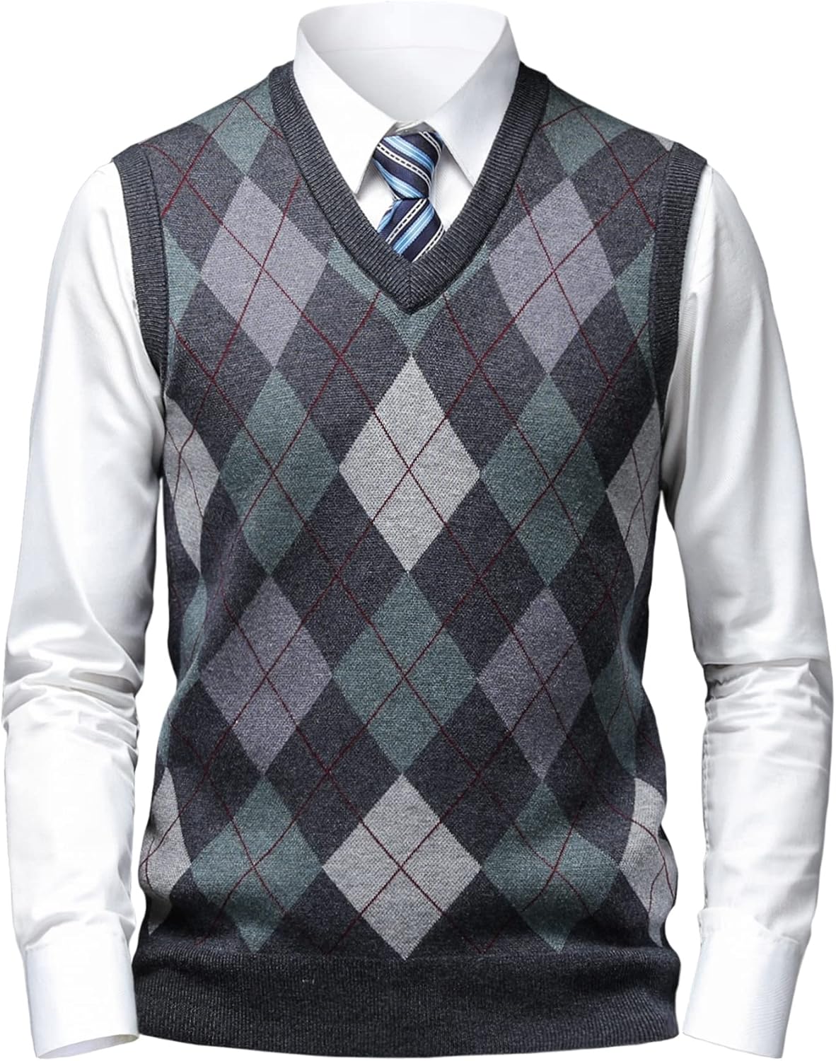 Mens Thick Argyle Sweater Vests Classic V-Neck Knitwear Sleeveless Pullover Autumn Winter Warm Tank Tops - Image 2