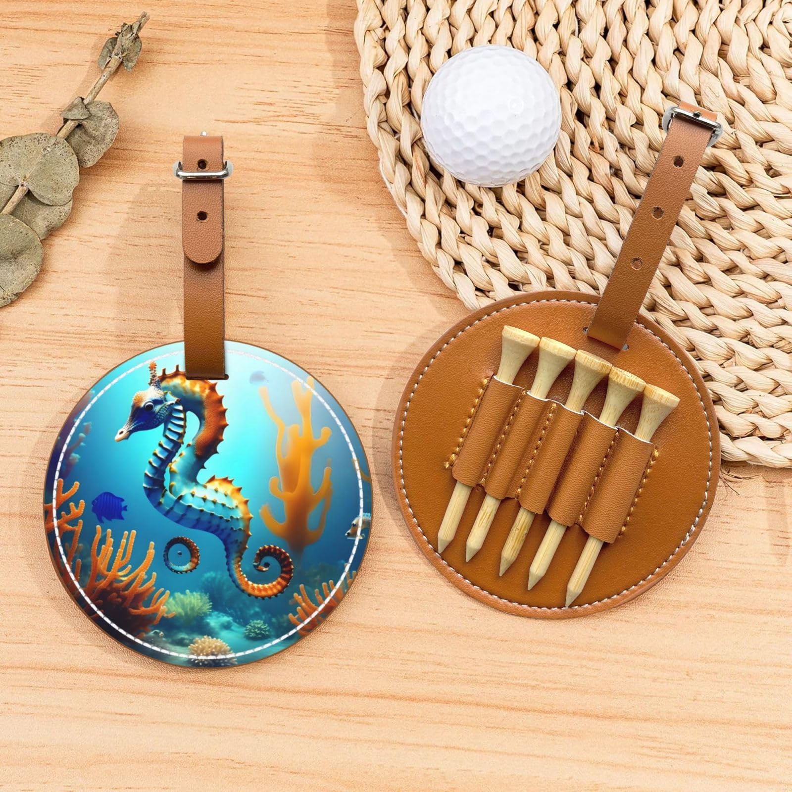 Seabed Coral Seahorse Brown Printed Golf tee Storage Bag - Portable Design, Easy to Organize tee