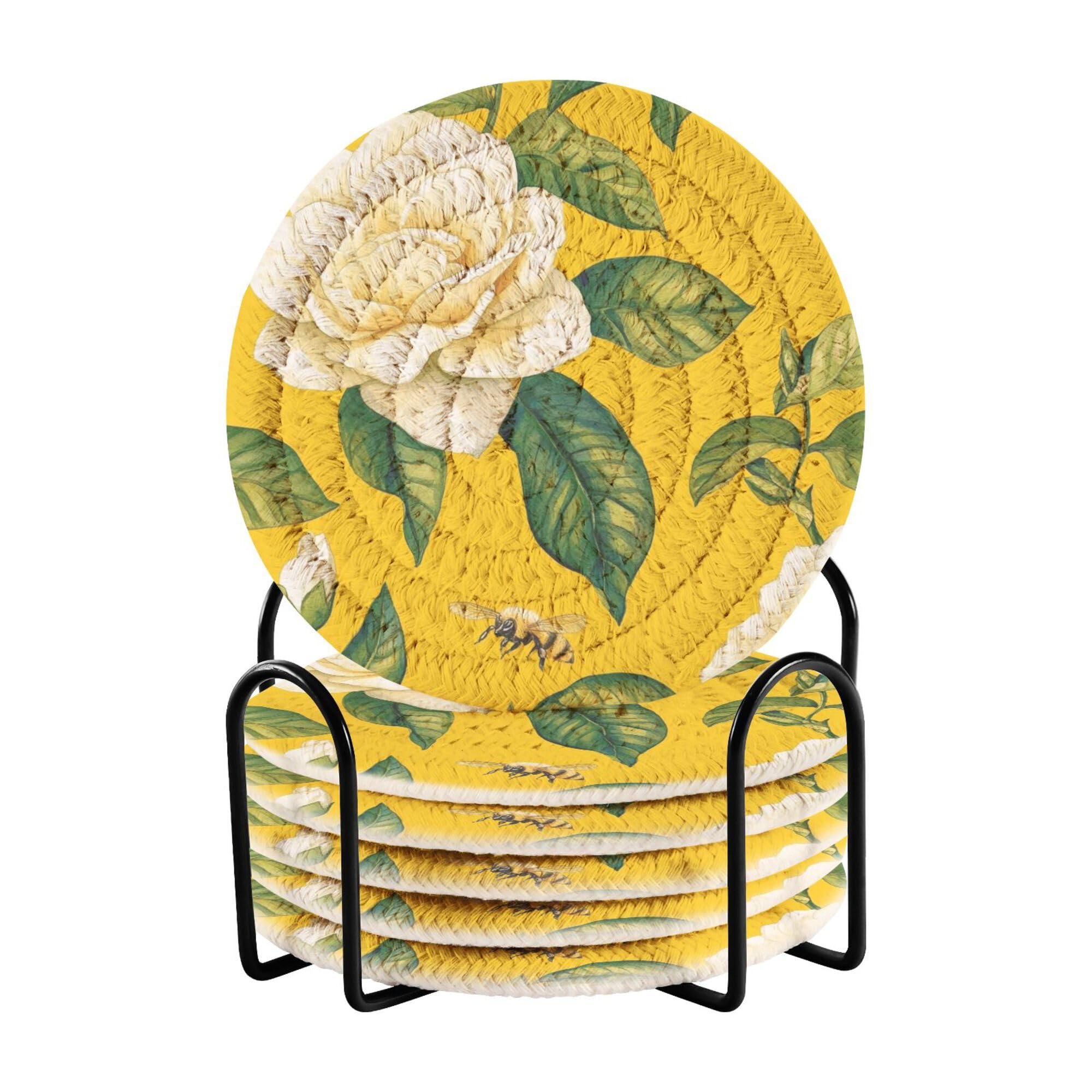 Aesthetic Gardenia Yellow Cotton Rope Drink Coasters Absorbent Set with Holder 6 Pack Aesthetic Coasters