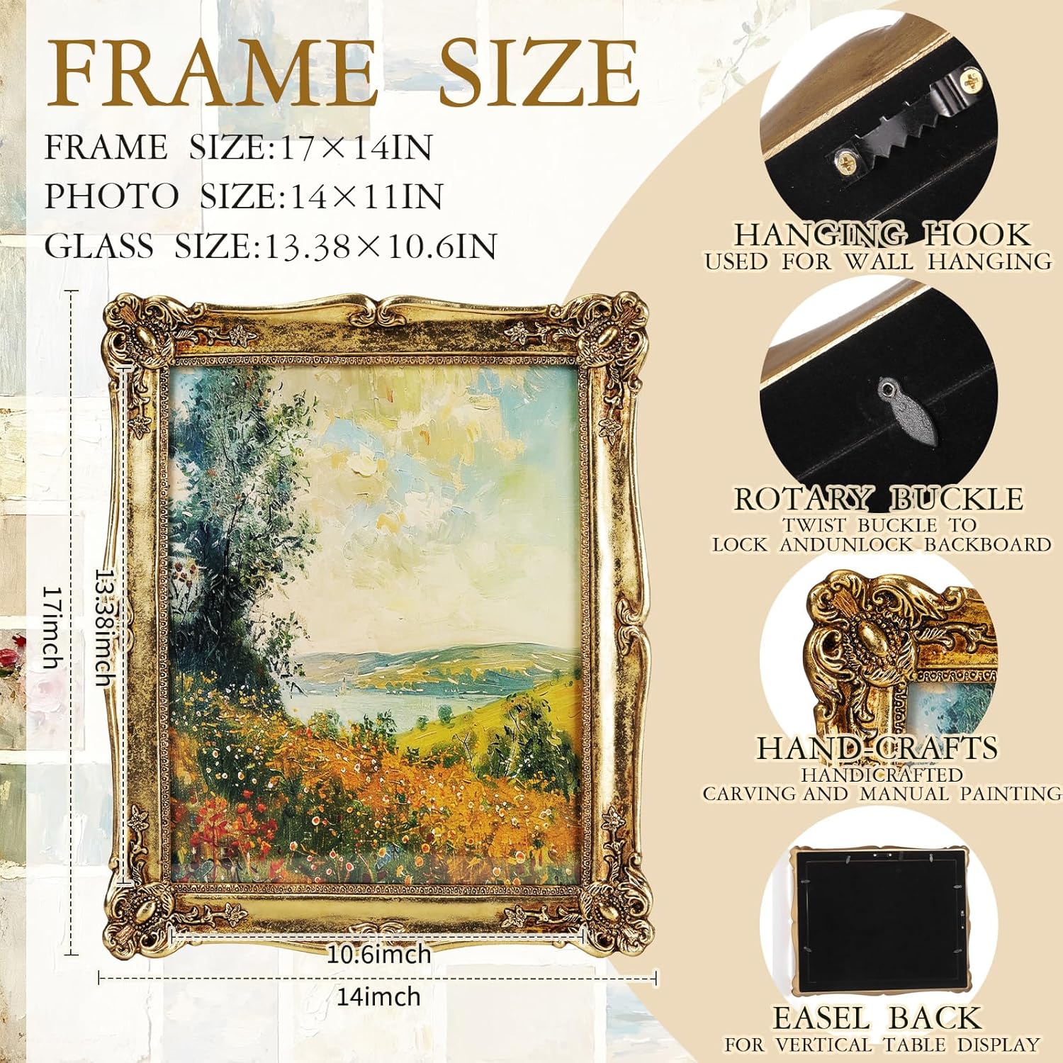 Vintage Picture Frames 11x14 Inch Gold Rectangle Antique Ornate Photo Frame for Tabletop and Wall Decor Mount Ornate Retro Home Decor Photo Gallery Wall Art Elegant Decorative Gift Ideas