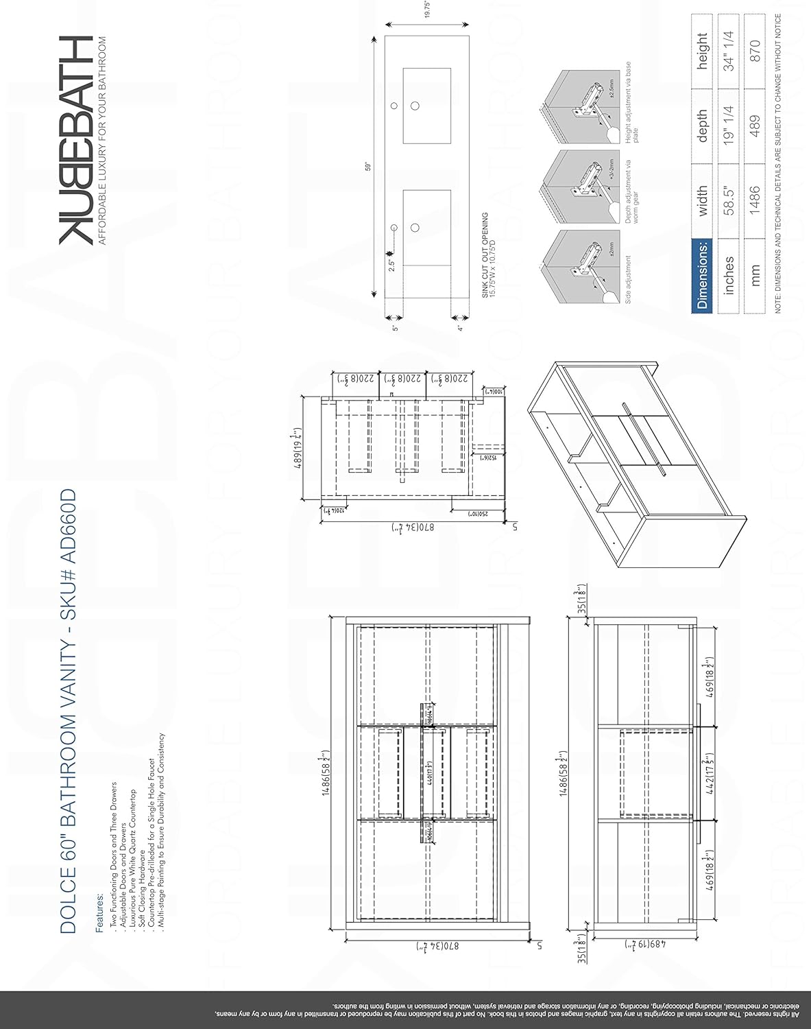 KubeBath Dolce 60″ Double Sink Ash Gray Modern Bathroom Vanity with White Quartz Counter-Top