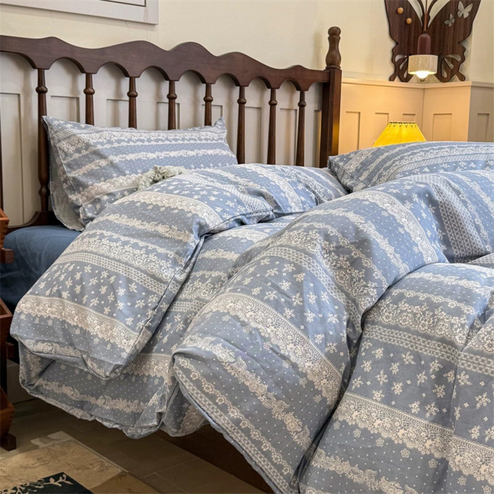 Freyamy Bettwäsche 200x220 Boho Blau Weiß Blumen Spitze Bedruckt Bohemian Bettwäsche-Sets Vintage Mädchen Mikrofaser ÖKO-TEX Deckenbezug 1 Bettbezug mit Reißverschluss und 2 Kissenbezug 80x80cm