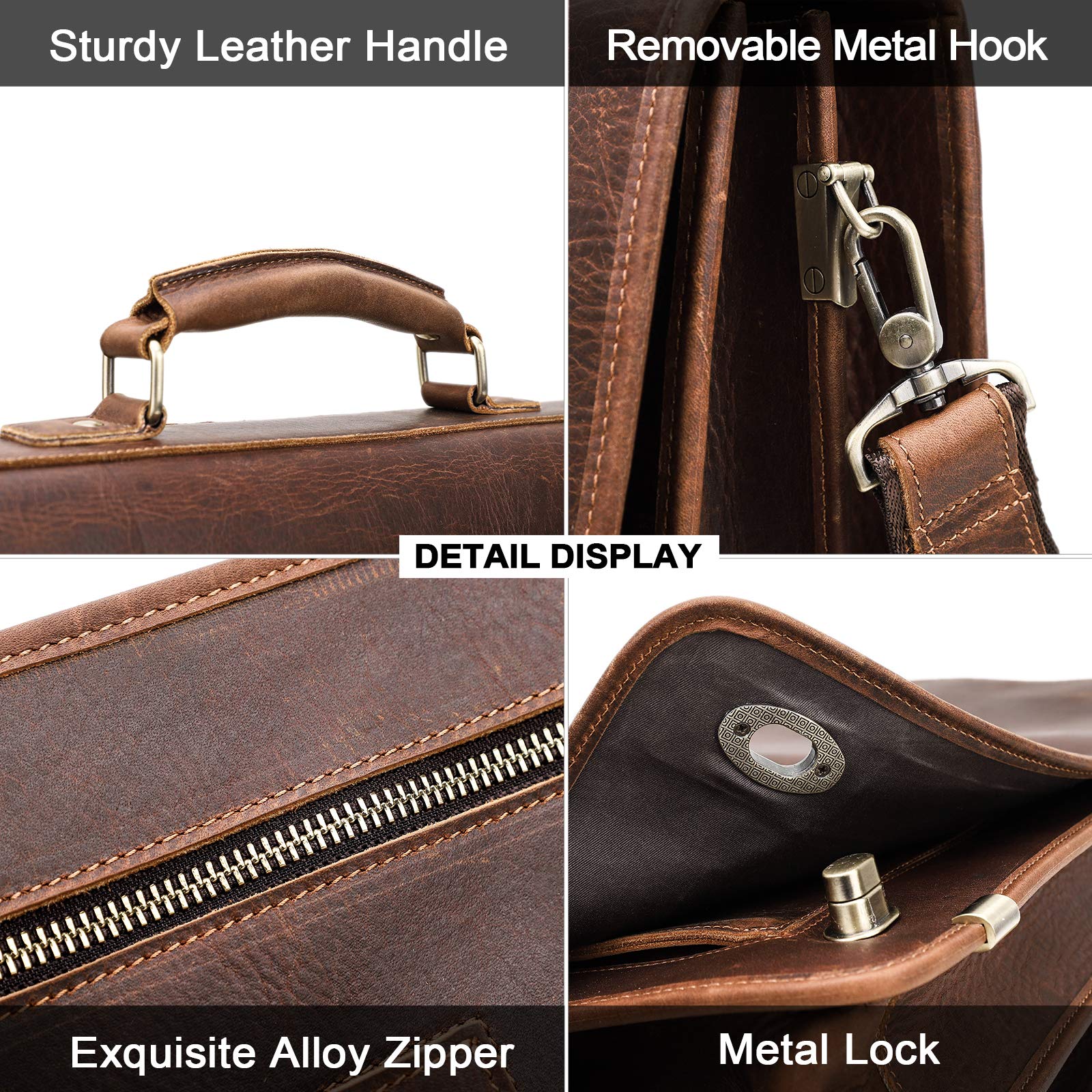 Contacts Maletín de piel auténtica para hombre de 14 pulgadas, bolso cruzado casual vintage para negocios, para hombres y mujeres, viajes, escuela, abogados, Marrón oscuro, 40,6 cm, Talla única
