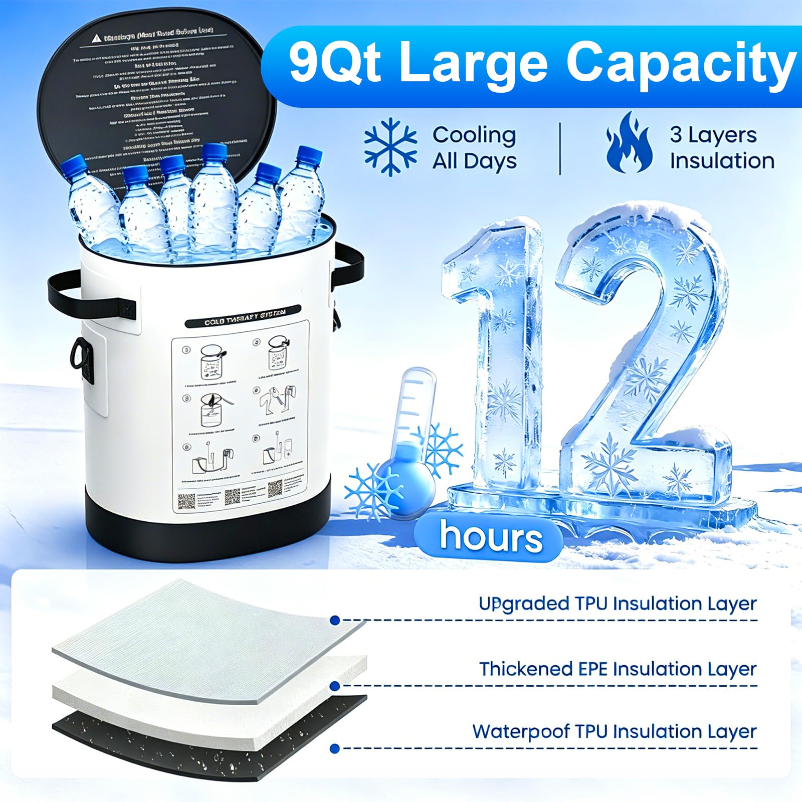 Dispositivo per Crioterapia con Timer, Macchina per il Ghiaccio Portatile Circolazione di Acqua Fredda con Fascia di Compressione, per Recupero & Riduzione del Gonfiore