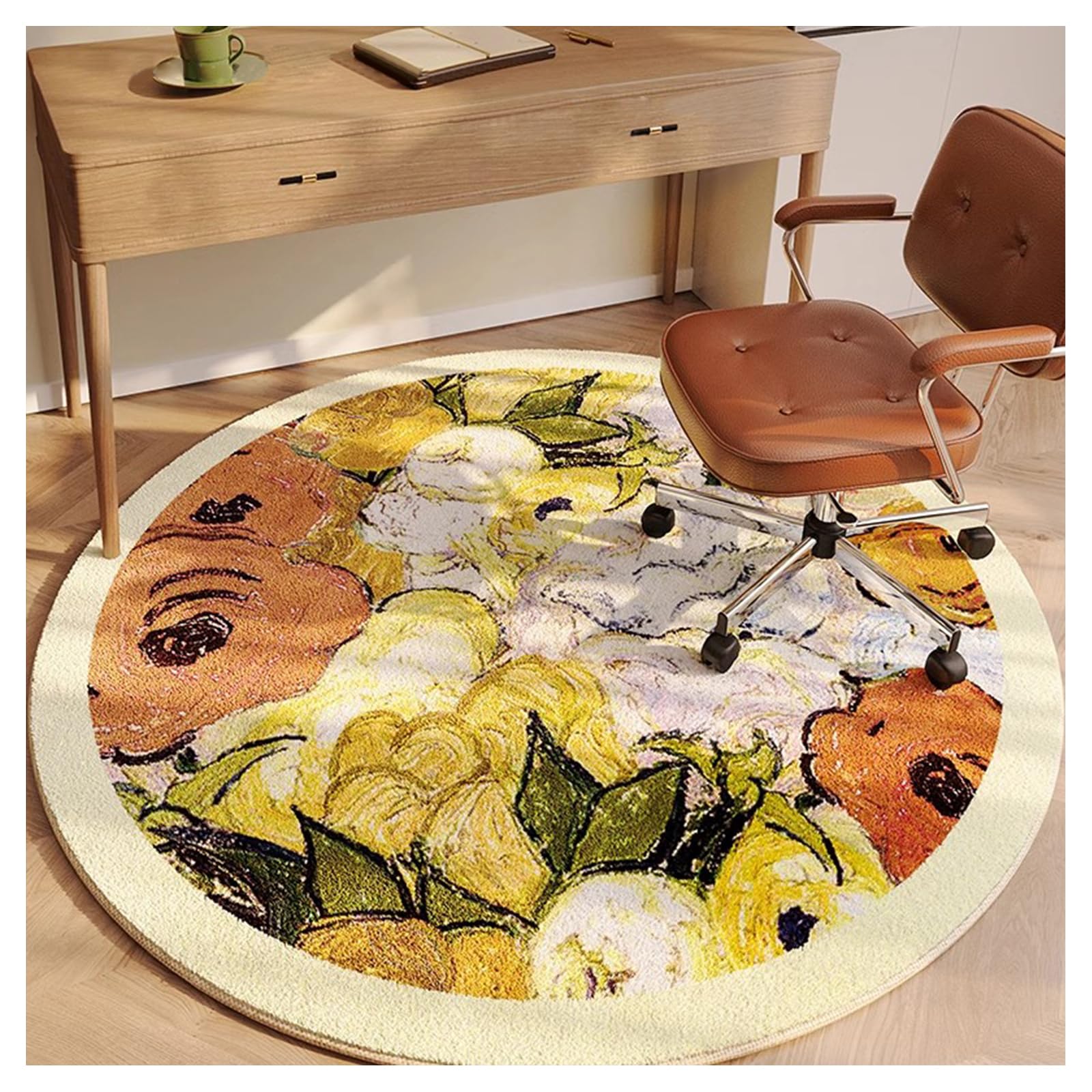 Ergocar Bomisian Style Round Carpet Retro Carpet Ultra-Thin Soft Non-Slip Washable Suitable for Bedroom Entrance, Dining Room