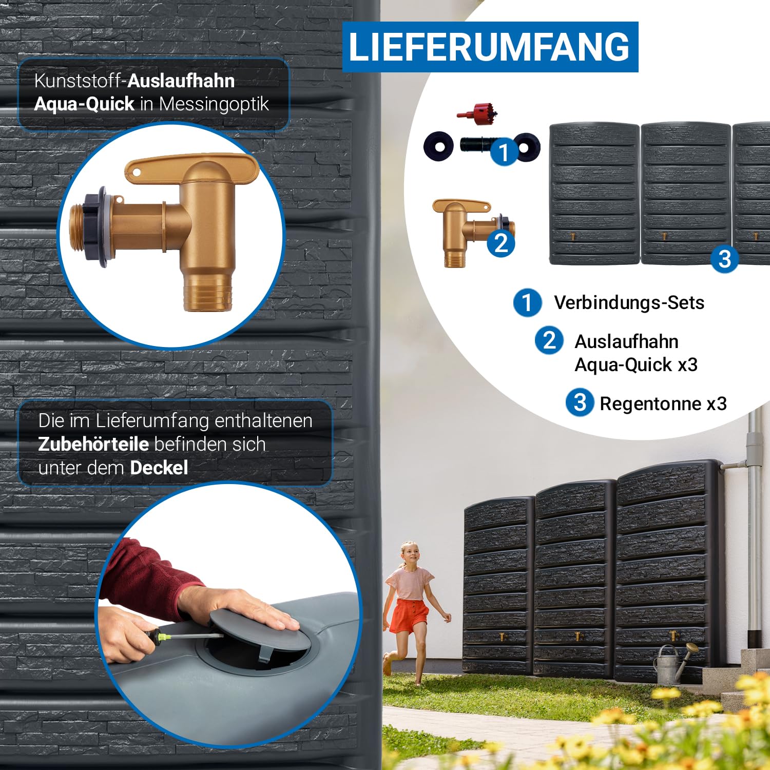 4rain ExtraSLIM Stone Decor Regentonne Wandtank-Set 1200 Liter Graphite | Grey, 3 x ExtraSLIM Stone Decor 400 Liter inkl. Verbinder Wassertank, Fass, Regenfass, Regenwassertonne, Regenwassertank