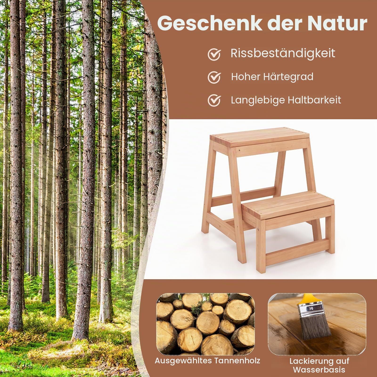 GIANTEX Klapptritt mit 2 Stufen, Tritthocker aus Tannenholz, Pflanzenständer aus Tannenholz, Klapphocker für Kinder, Erwachsene, maximale Belastung 250 kg, 50 x 39 x 45 cm, Natur